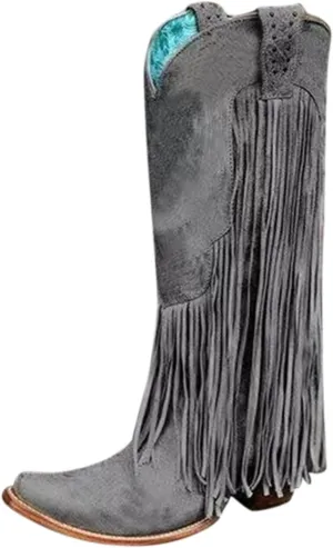 Cowboy Boots for Women Mid Calf Fringe Cowgirl Boots Fringe Western Low Heel Boots Wide Calf Riding Cowboy Boots
