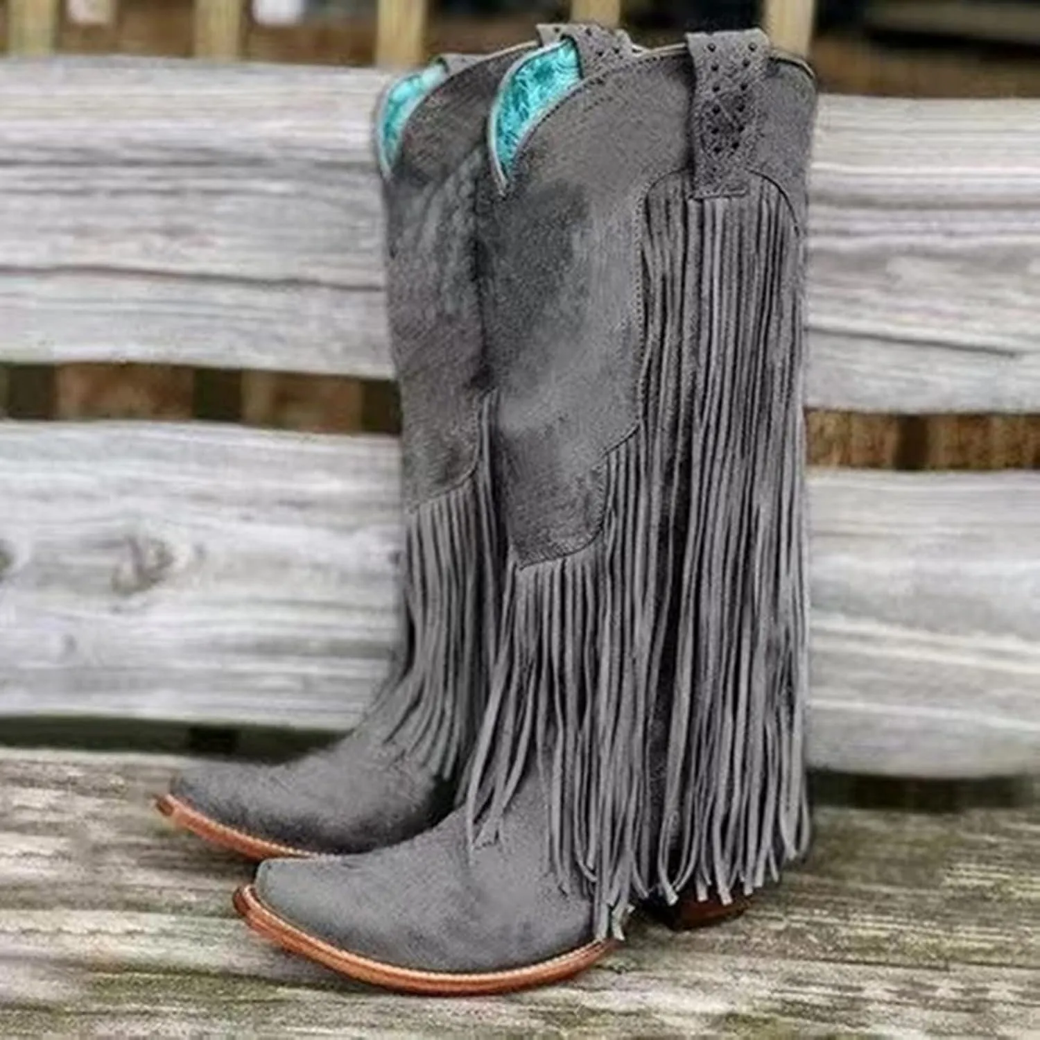 Cowboy Boots for Women Mid Calf Fringe Cowgirl Boots Fringe Western Low Heel Boots Wide Calf Riding Cowboy Boots