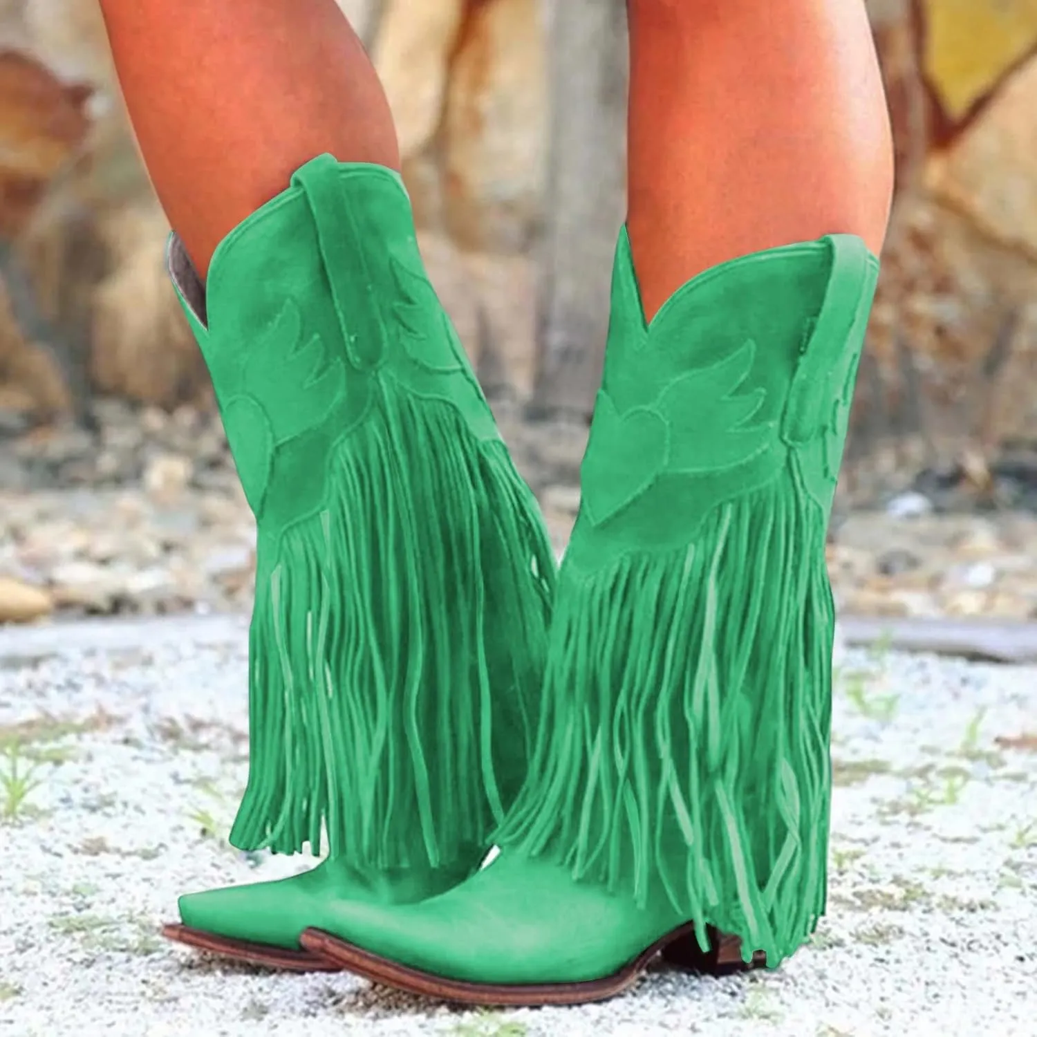 Cowboy Boots for Women Mid Calf Fringe Cowgirl Boots Fringe Western Low Heel Boots Wide Calf Riding Cowboy Boots