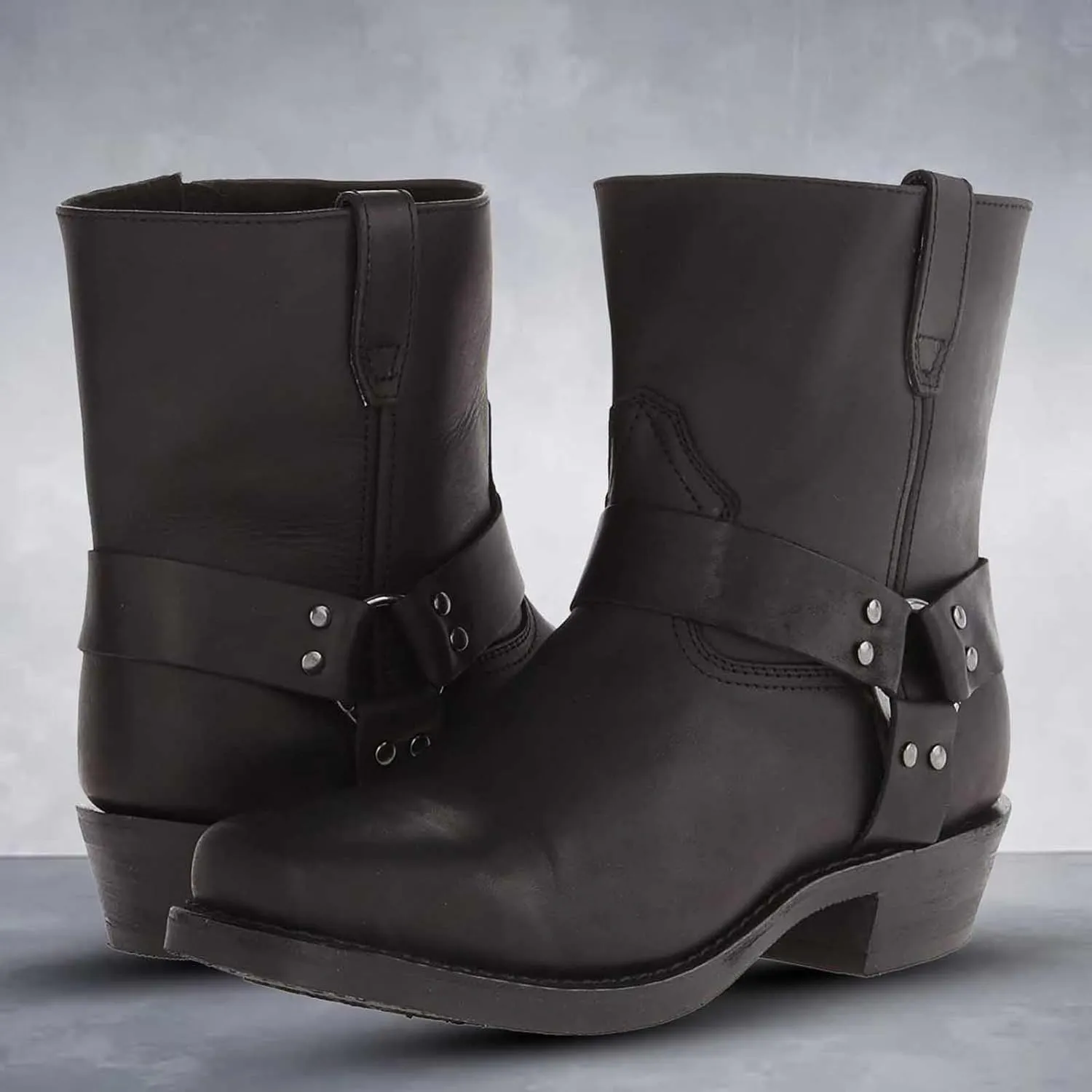 Cowboy Boots for Women Retro Straps Mid Calf Motorcycle Boots Casual Square Toe Western Short Boots with Zipper