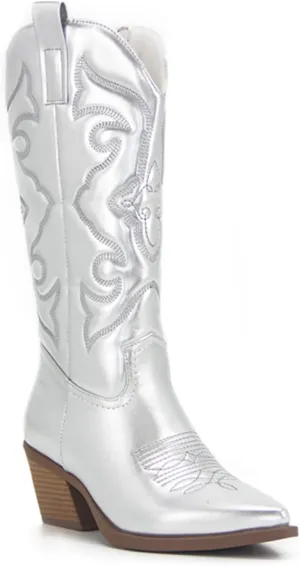 Cowboy Boots For Women Wide Calf Mid Calf Embroidered Pull On Cowgirl Boots Block Chunky Heel Western Riding Wedding Boots