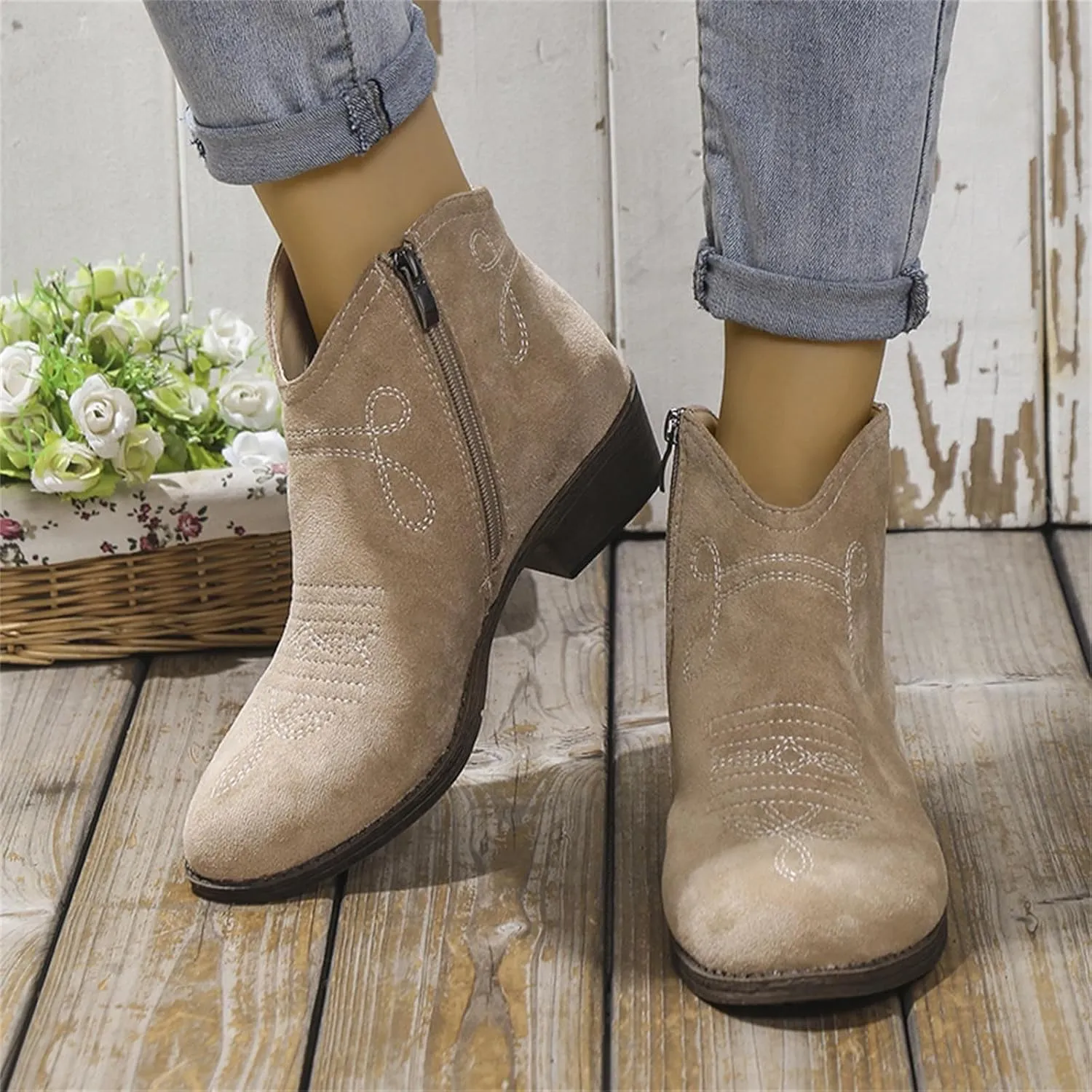 Cowboy Boots for Women, Womens Chunky Low Heel Ankle Boots Classic Pointed Toe Side Zipper Booties Arch Support Shoes