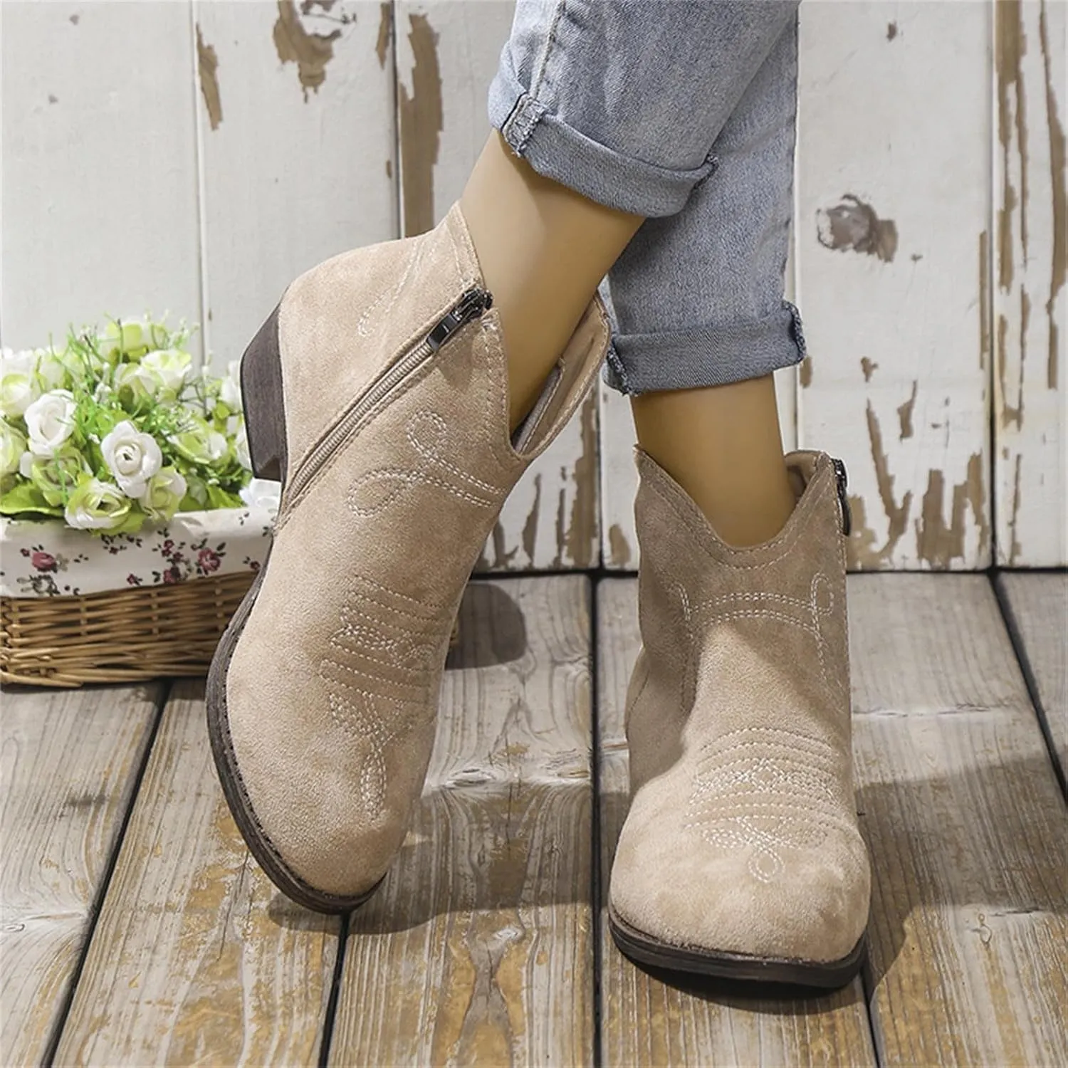 Cowboy Boots for Women, Womens Chunky Low Heel Ankle Boots Classic Pointed Toe Side Zipper Booties Arch Support Shoes