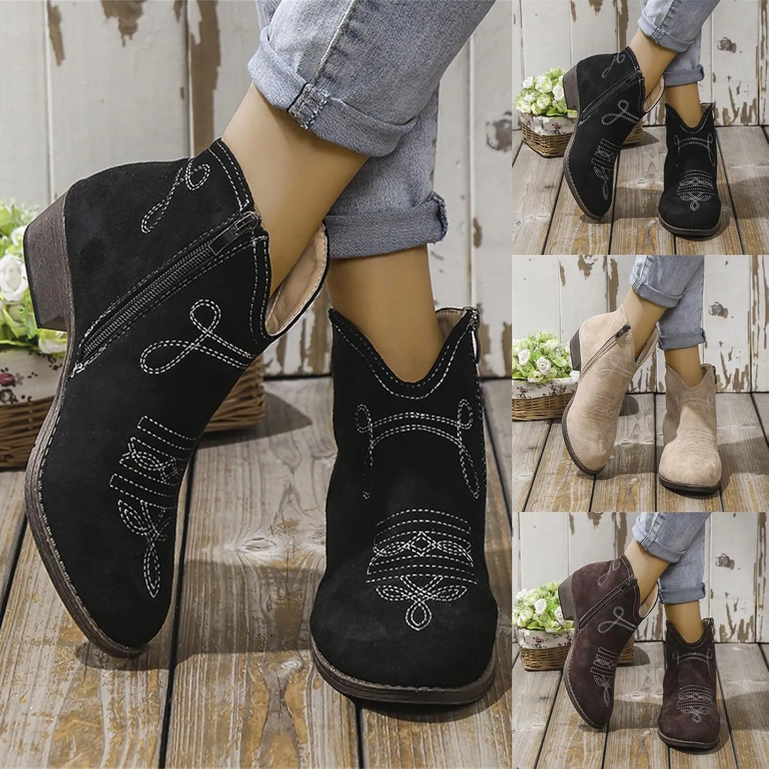 Cowboy Boots for Women, Womens Chunky Low Heel Ankle Boots Classic Pointed Toe Side Zipper Booties Arch Support Shoes
