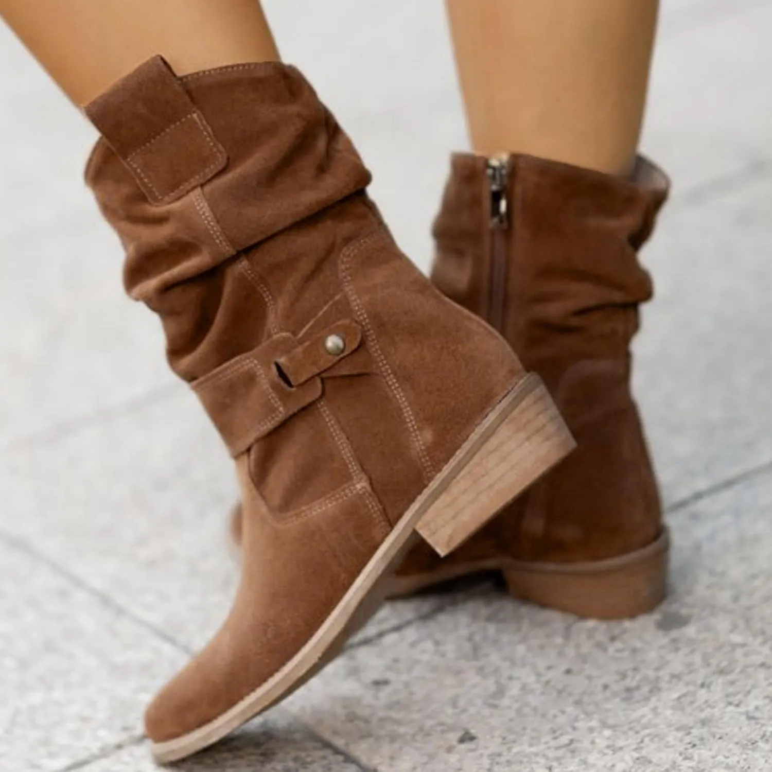 Cowgirl Boots for Women Wide Calf Western Cowboy Boots Retro Low Heel Mid Calf Boots Suede Zipper Dress Winter Shoes
