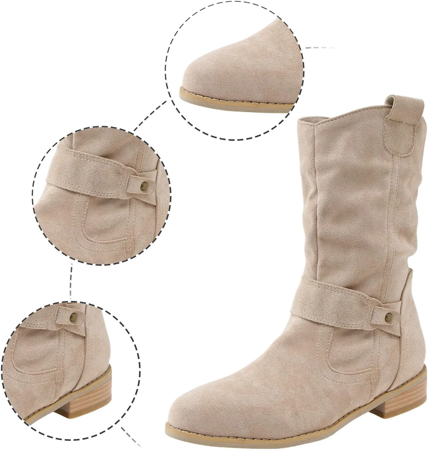Cowgirl Boots for Women Wide Calf Western Cowboy Boots Retro Low Heel Mid Calf Boots Suede Zipper Dress Winter Shoes