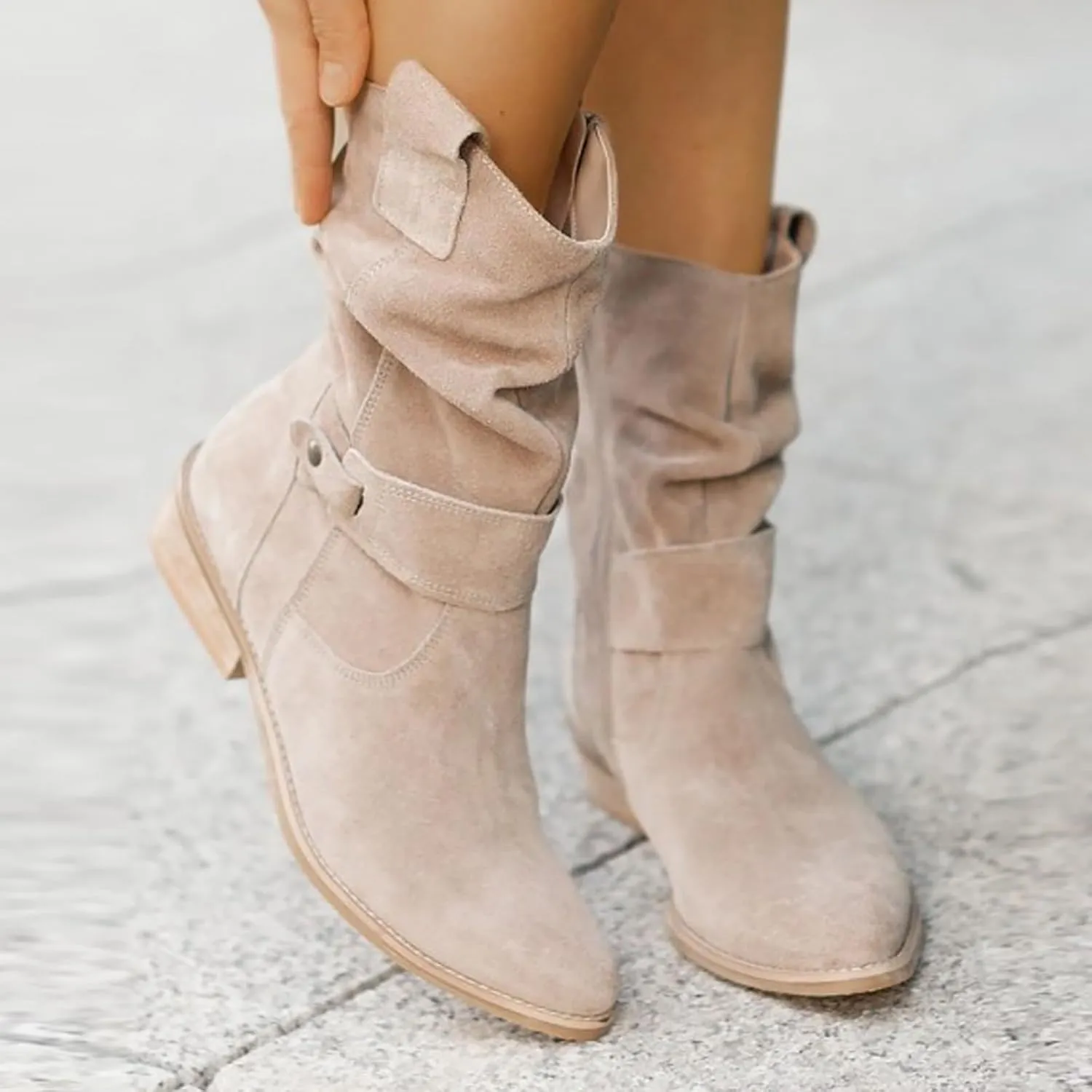 Cowgirl Boots for Women Wide Calf Western Cowboy Boots Retro Low Heel Mid Calf Boots Suede Zipper Dress Winter Shoes
