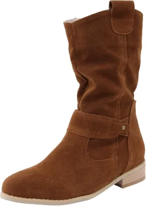 Cowgirl Boots for Women Wide Calf Western Cowboy Boots Retro Low Heel Mid Calf Boots Suede Zipper Dress Winter Shoes