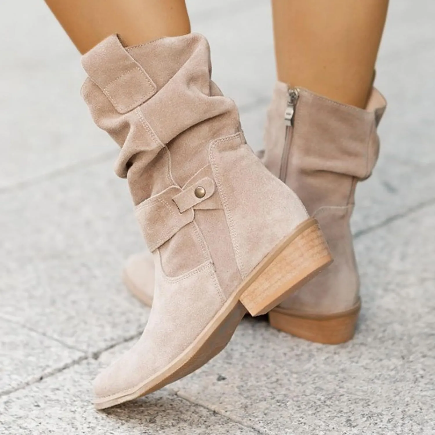 Cowgirl Boots for Women Wide Calf Western Cowboy Boots Retro Low Heel Mid Calf Boots Suede Zipper Dress Winter Shoes