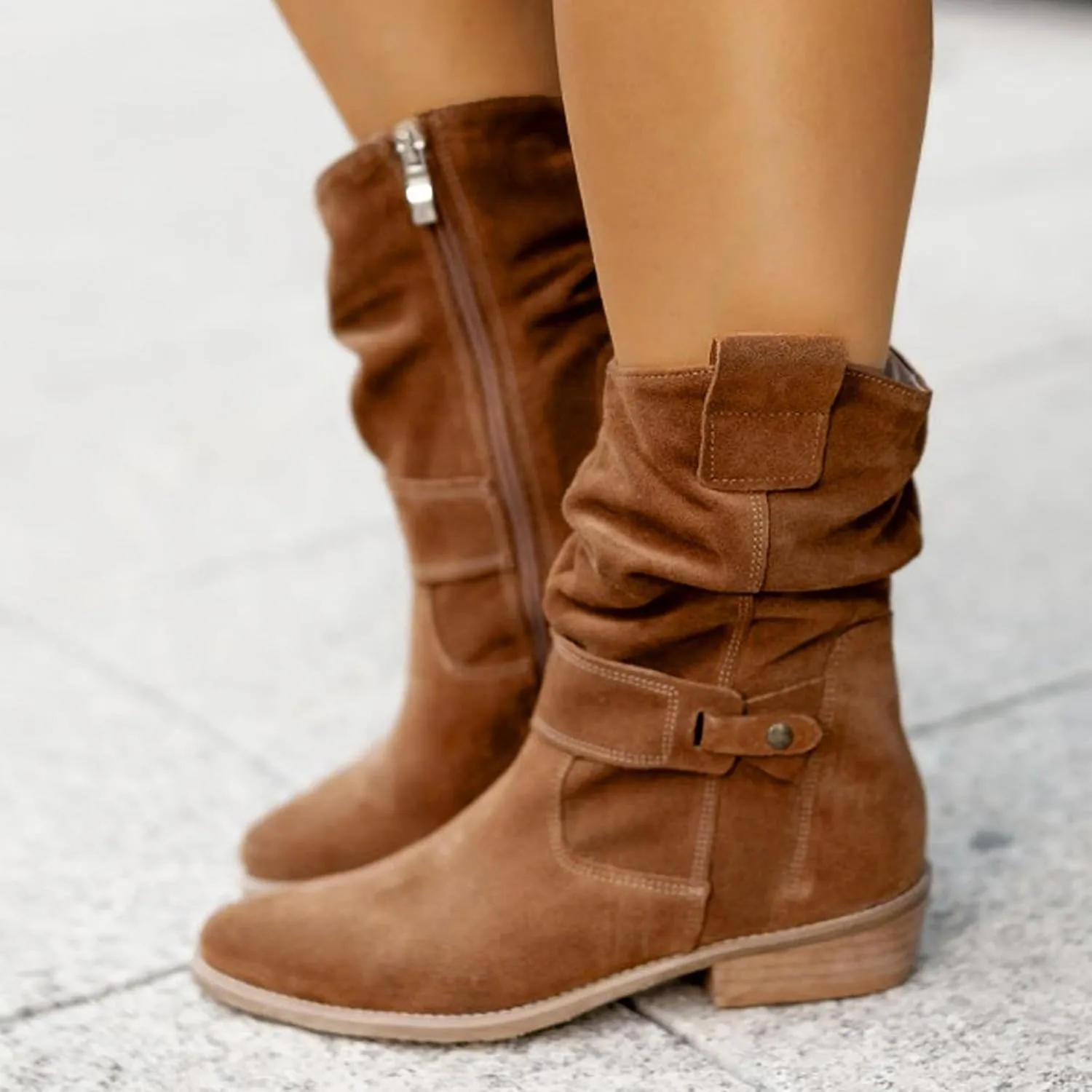 Cowgirl Boots for Women Wide Calf Western Cowboy Boots Retro Low Heel Mid Calf Boots Suede Zipper Dress Winter Shoes