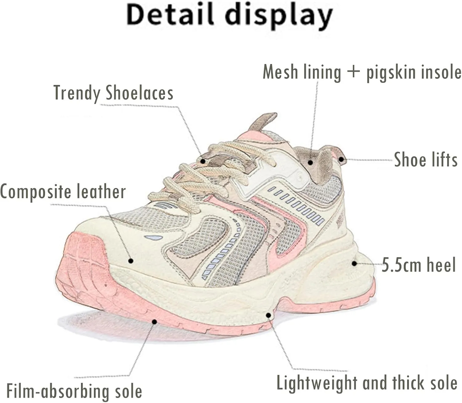 Dad Shoes-Women's Fashion Sneakers White Thick Bottom Trainers Casual Breathable Comfortable Lace Up Platform Shoes Women's Chunky Heel Oxford Shoes