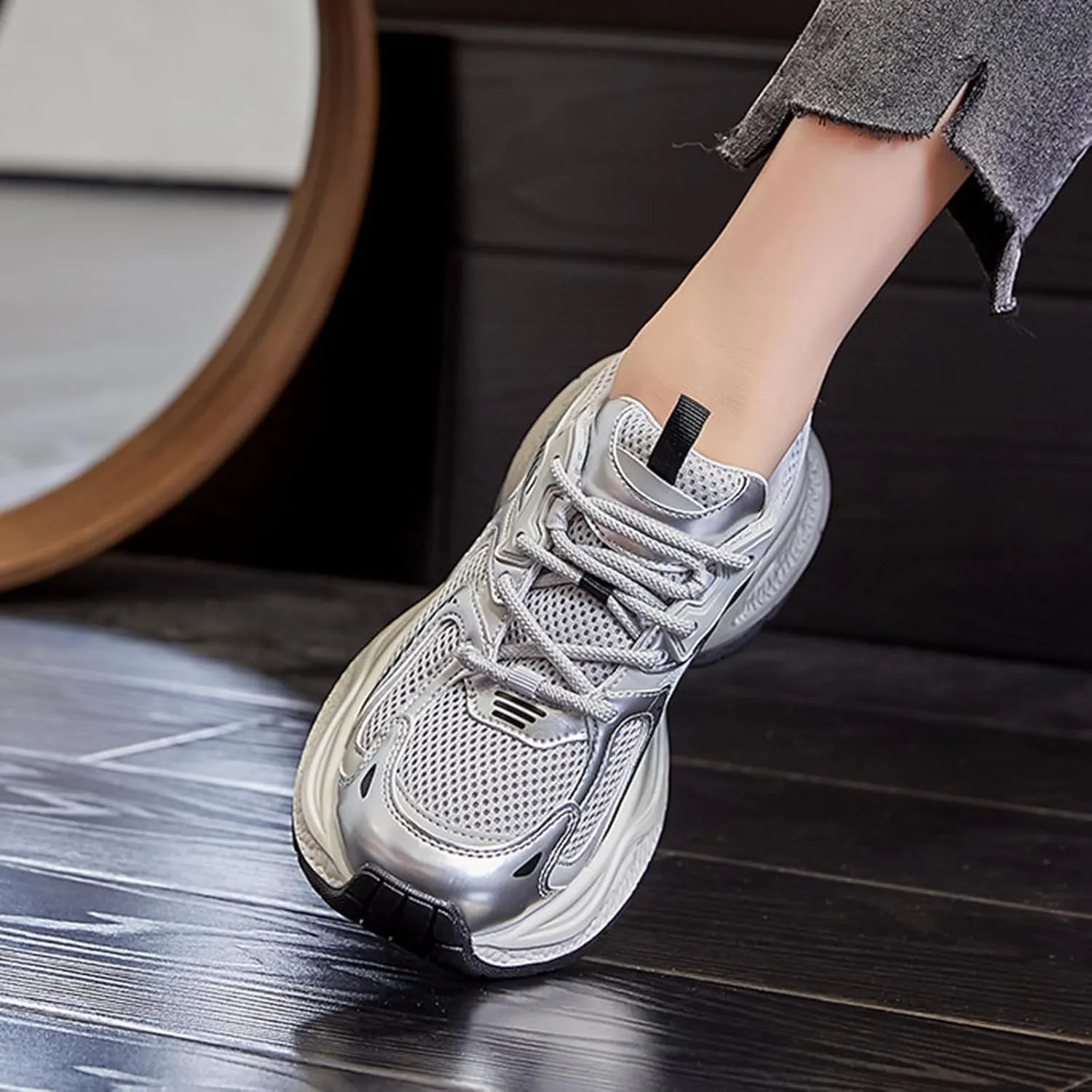 Dad Shoes-Women's Fashion Sneakers White Thick Bottom Trainers Casual Breathable Comfortable Lace Up Platform Shoes Women's Chunky Heel Oxford Shoes