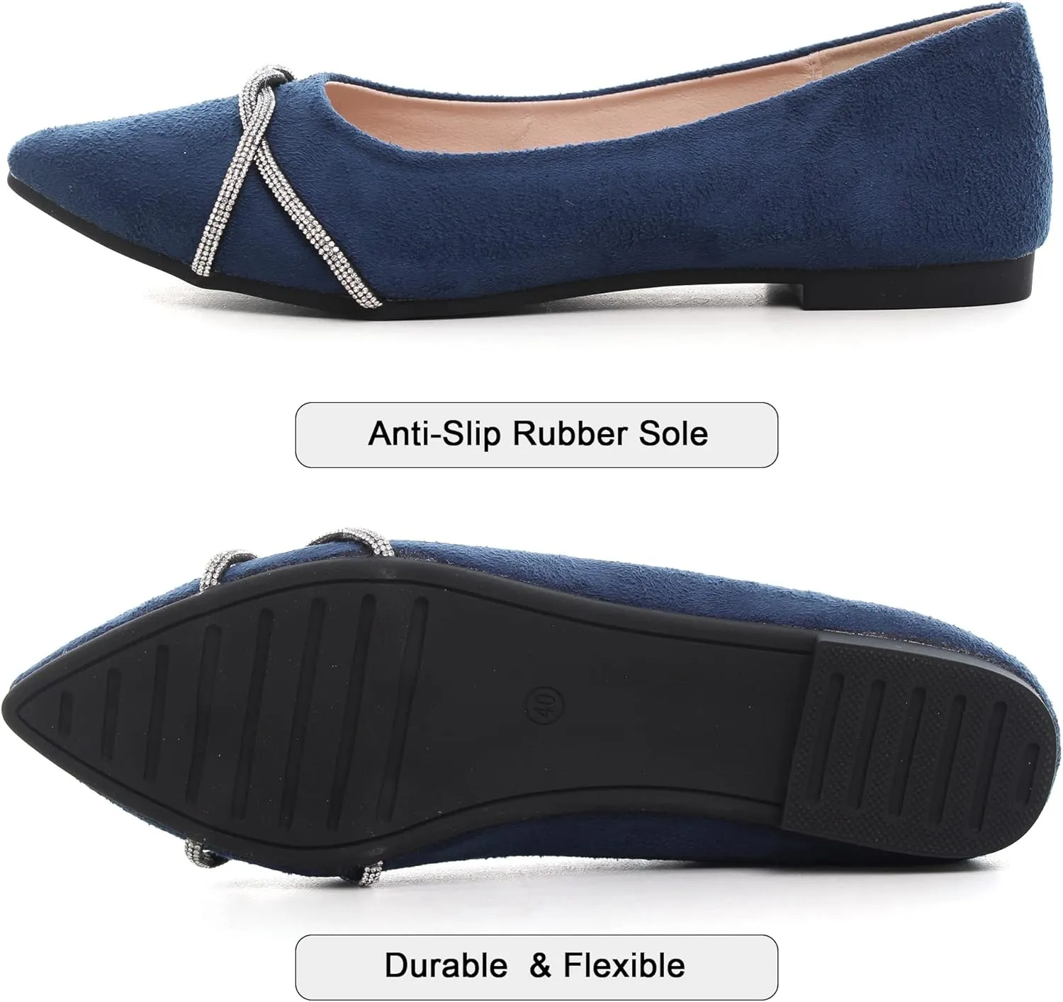 Dear Time Women's Pointed Toe Flat Shoes Rhinestone Chain Shiny Loafers Dress Comfortable Ballets Shoes for Office Work