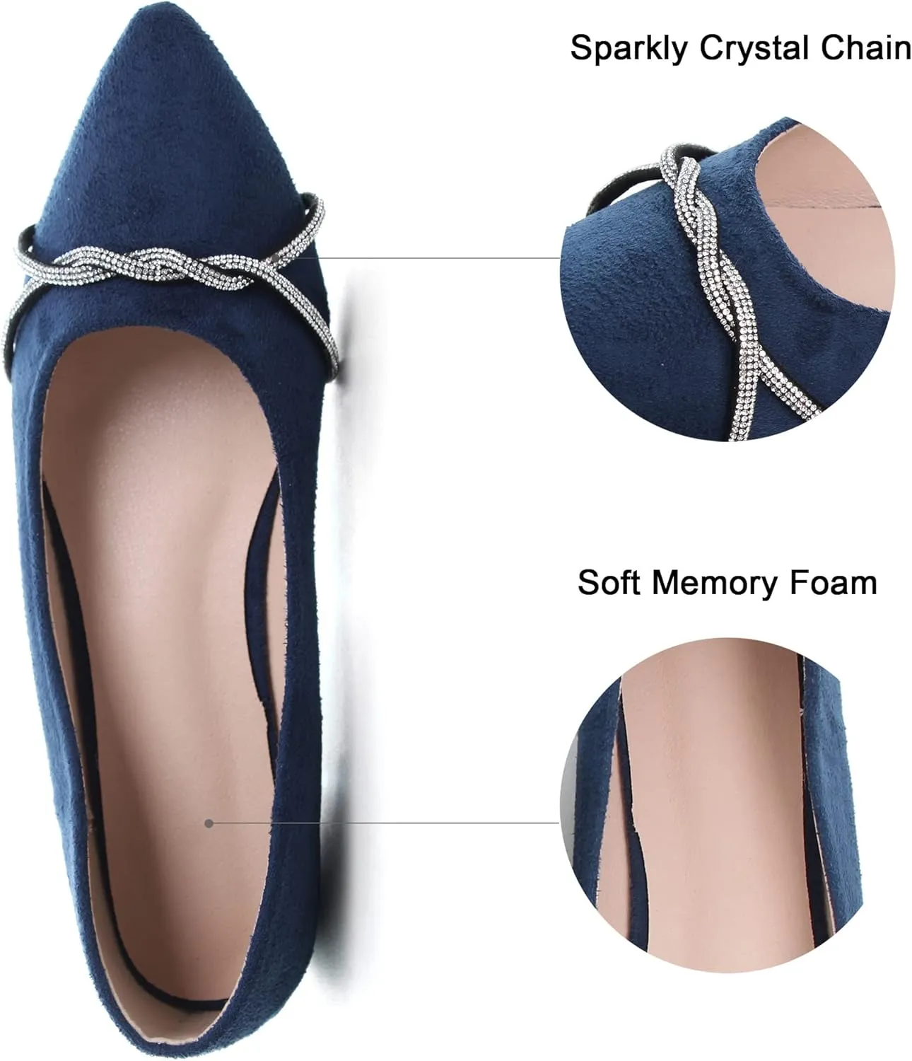 Dear Time Women's Pointed Toe Flat Shoes Rhinestone Chain Shiny Loafers Dress Comfortable Ballets Shoes for Office Work