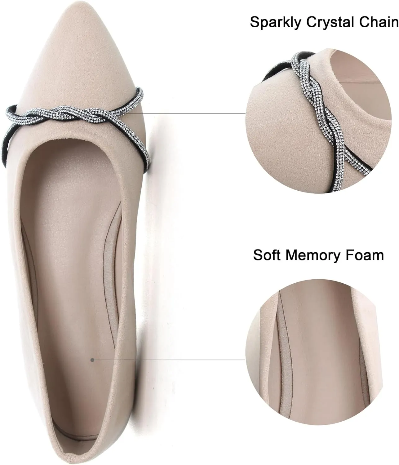 Dear Time Women's Pointed Toe Flat Shoes Rhinestone Chain Shiny Loafers Dress Comfortable Ballets Shoes for Office Work