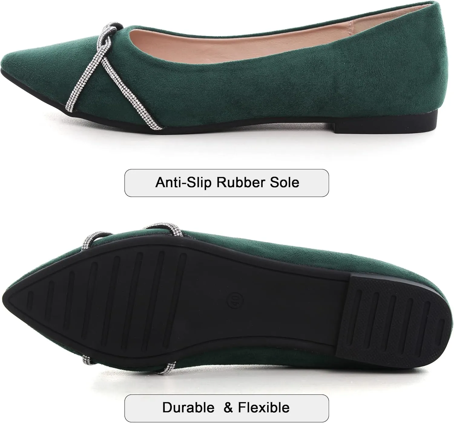 Dear Time Women's Pointed Toe Flat Shoes Rhinestone Chain Shiny Loafers Dress Comfortable Ballets Shoes for Office Work