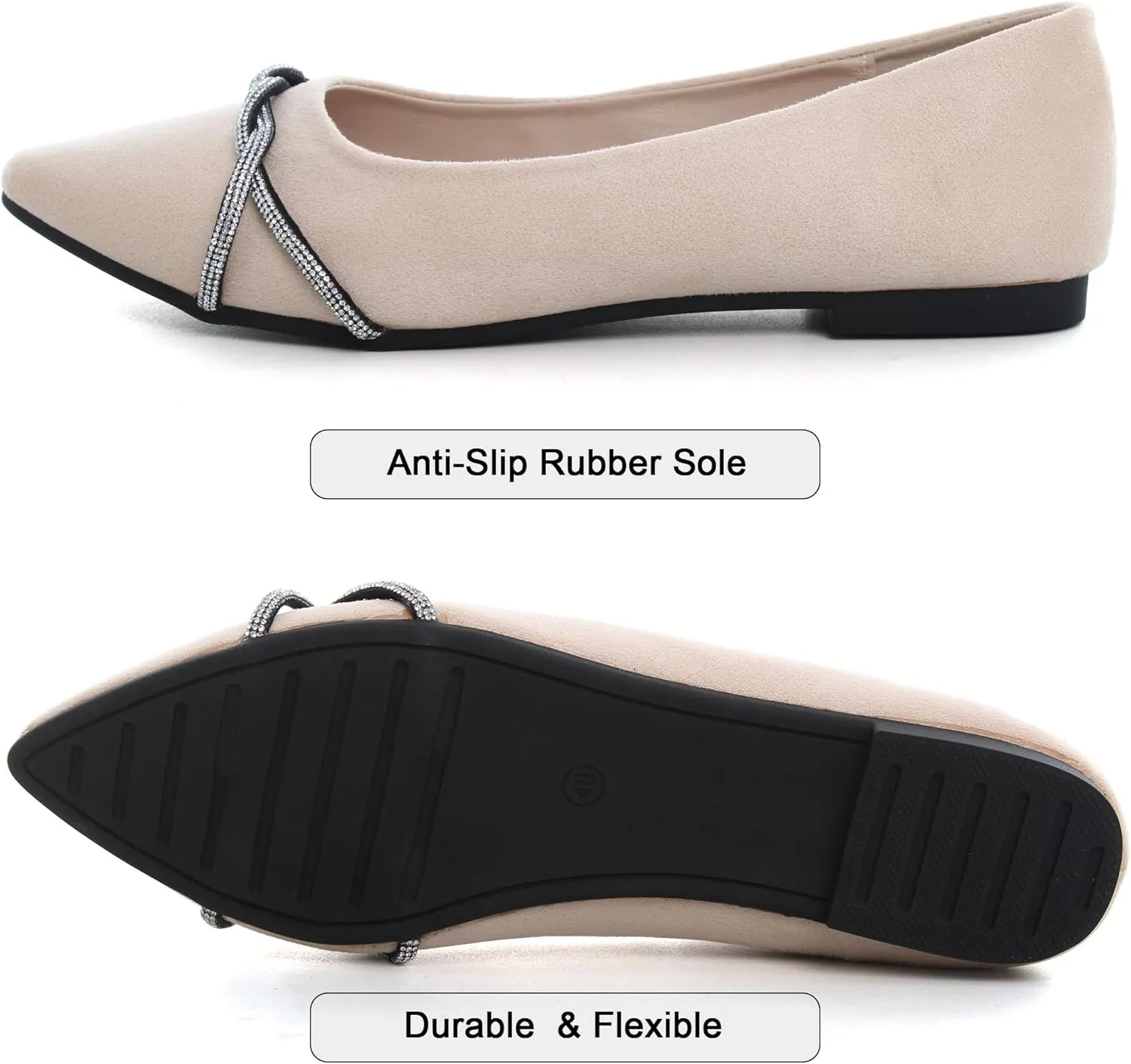 Dear Time Women's Pointed Toe Flat Shoes Rhinestone Chain Shiny Loafers Dress Comfortable Ballets Shoes for Office Work