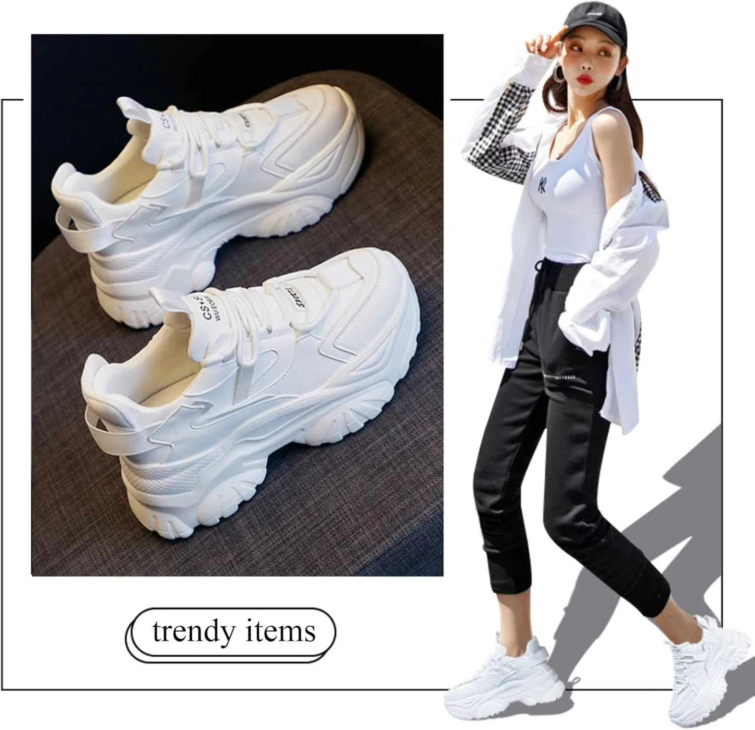 DevilAngel Women's White Platform Mesh Daddy Shoes, Solid Color Breathable Heightening Jogging Walking Sneakers