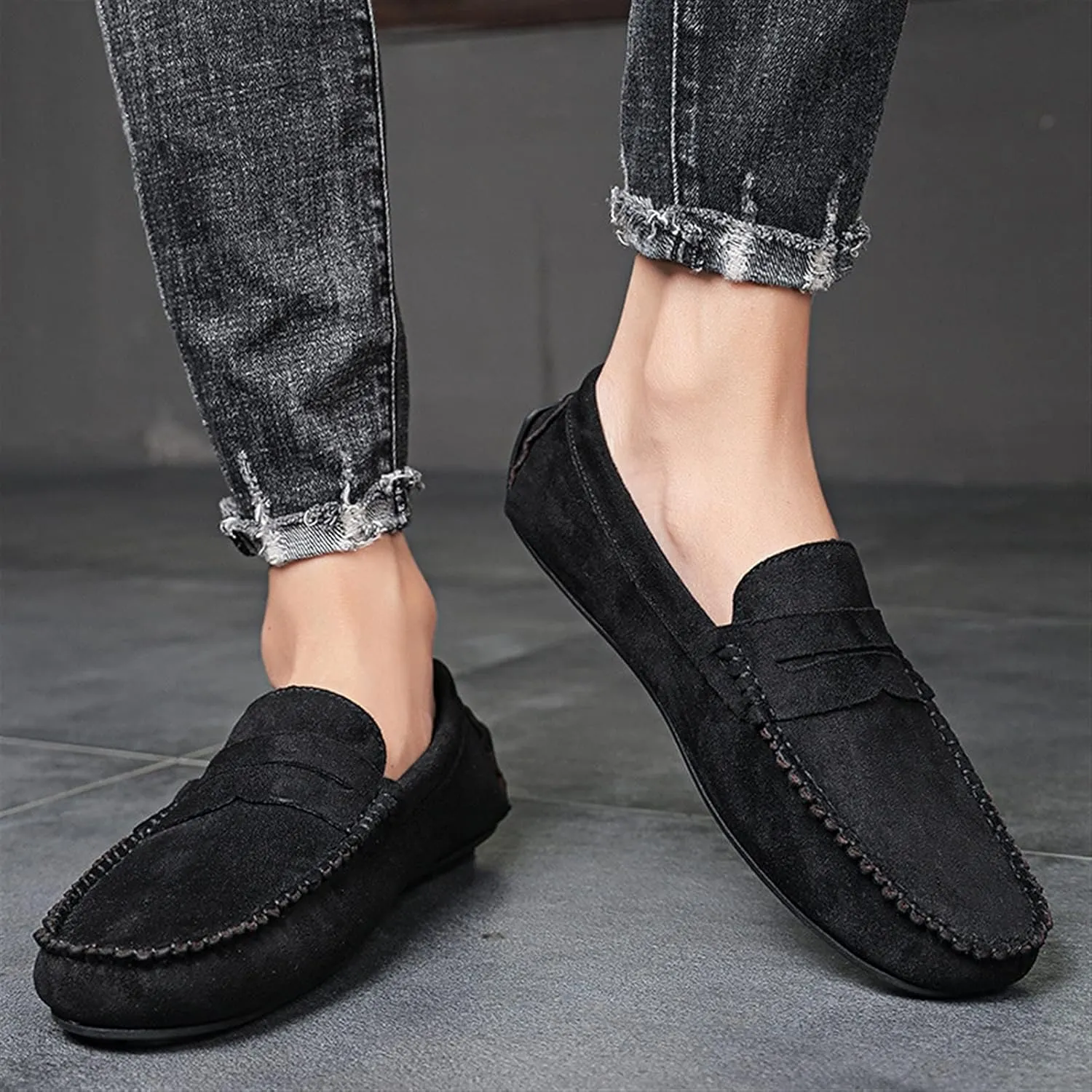 Driving Moccasins for Men Suede Vamp Penny Loafer Stitching Details Round Toe Comfortable Flexible Resistant Casual Slip On for Any Attire