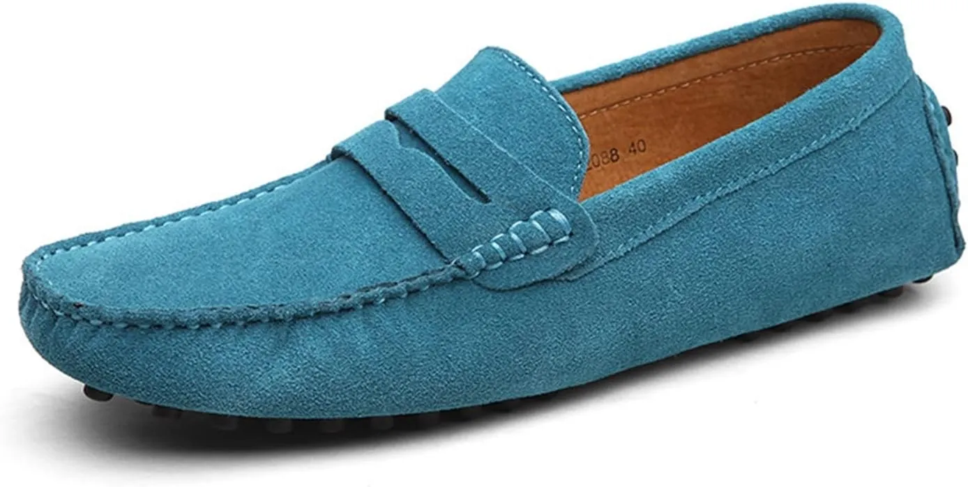 Easy to Put and Remove Smoking Loafer Driving Moccasins for Men Genuine Leather Suede Vamp Penny Loafer Stitching Details Round Toe Soft Flat Heel Flexible Comfortable for All Occasions
