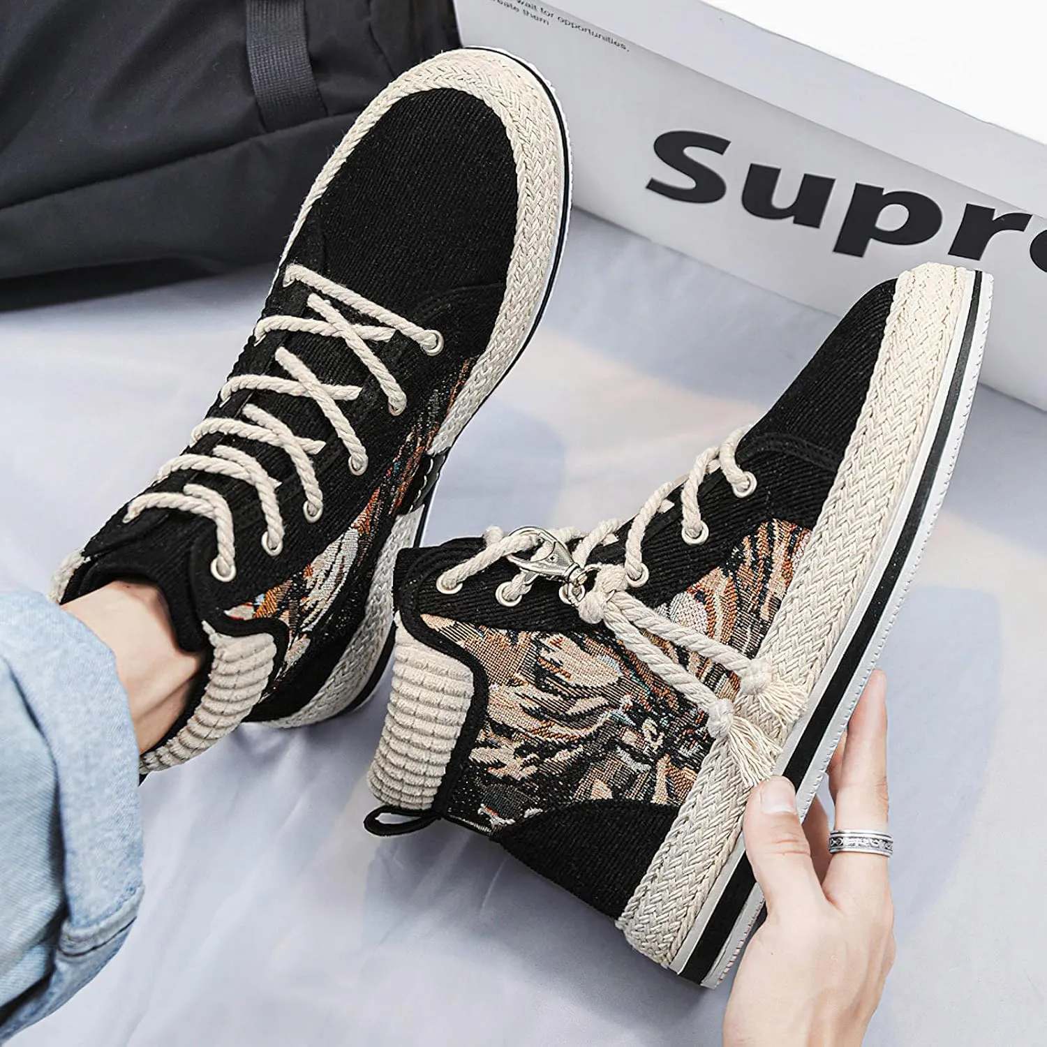 Exusiai Men High-Top Distressed Denim Skate Shoes Breathable Cloth Non-Slip Outdoor Casual Shoes Good Grip, Lace-Up Closure, Round Toe