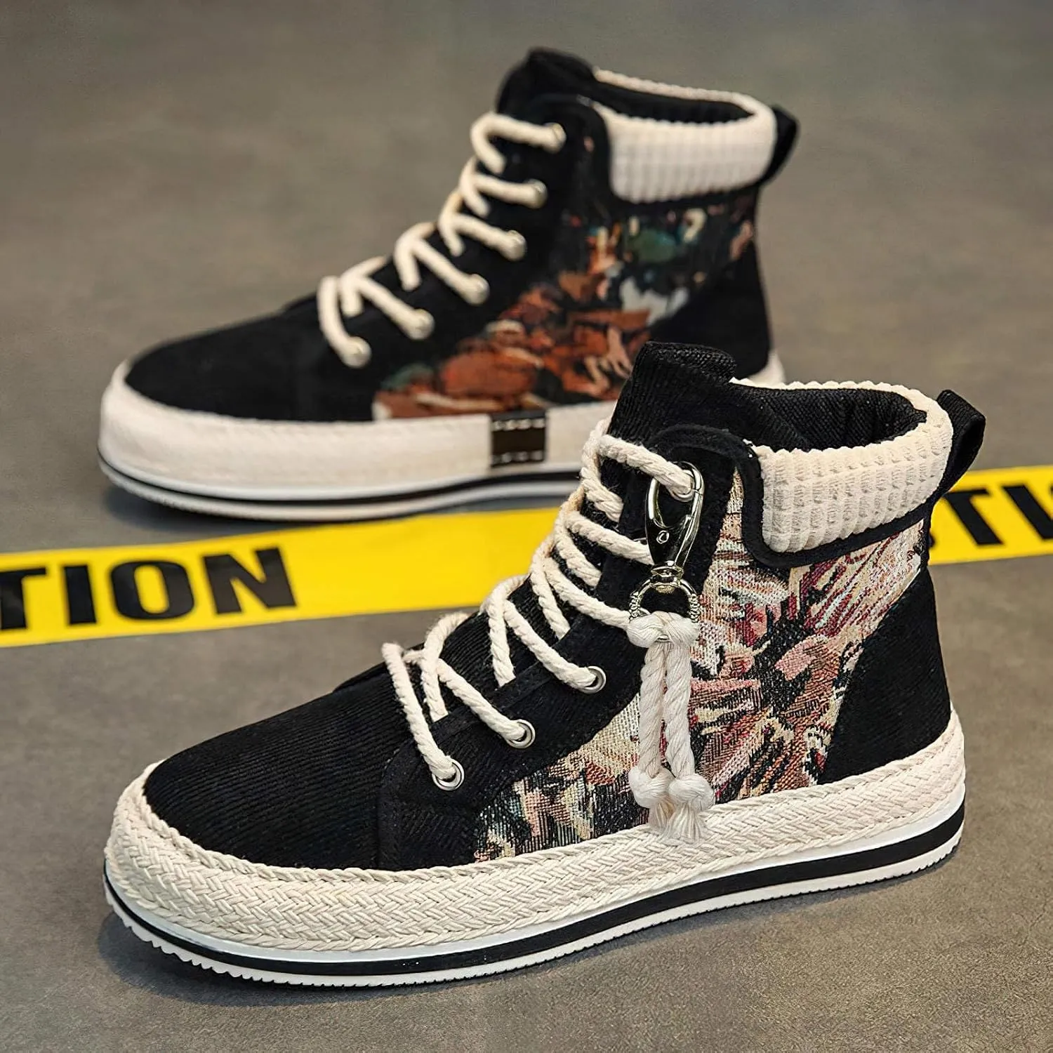 Exusiai Men High-Top Distressed Denim Skate Shoes Breathable Cloth Non-Slip Outdoor Casual Shoes Good Grip, Lace-Up Closure, Round Toe