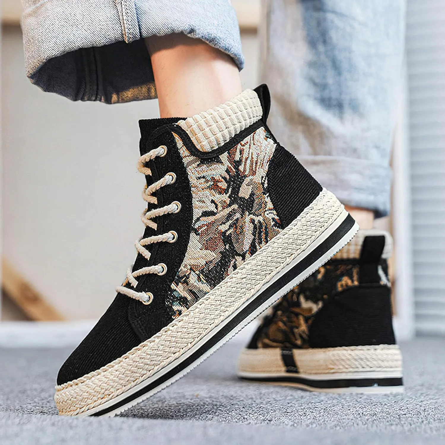 Exusiai Men High-Top Distressed Denim Skate Shoes Breathable Cloth Non-Slip Outdoor Casual Shoes Good Grip, Lace-Up Closure, Round Toe