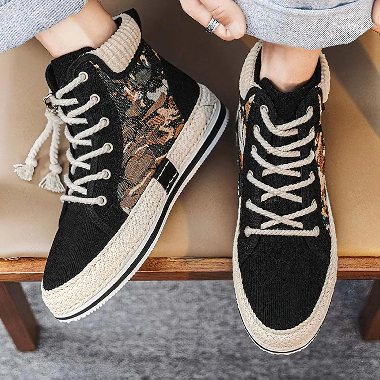 Exusiai Men High-Top Distressed Denim Skate Shoes Breathable Cloth Non-Slip Outdoor Casual Shoes Good Grip, Lace-Up Closure, Round Toe