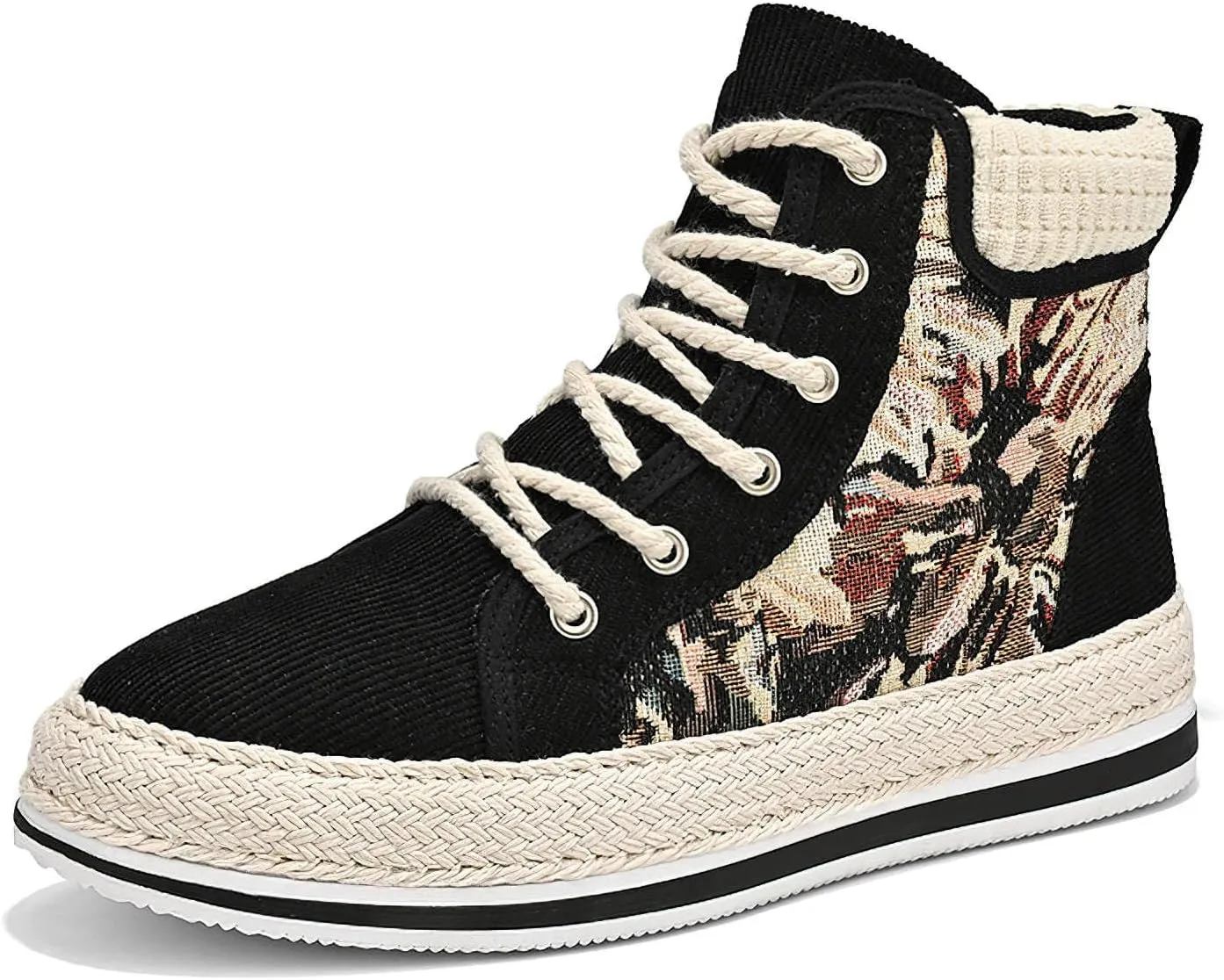 Exusiai Men High-Top Distressed Denim Skate Shoes Breathable Cloth Non-Slip Outdoor Casual Shoes Good Grip, Lace-Up Closure, Round Toe