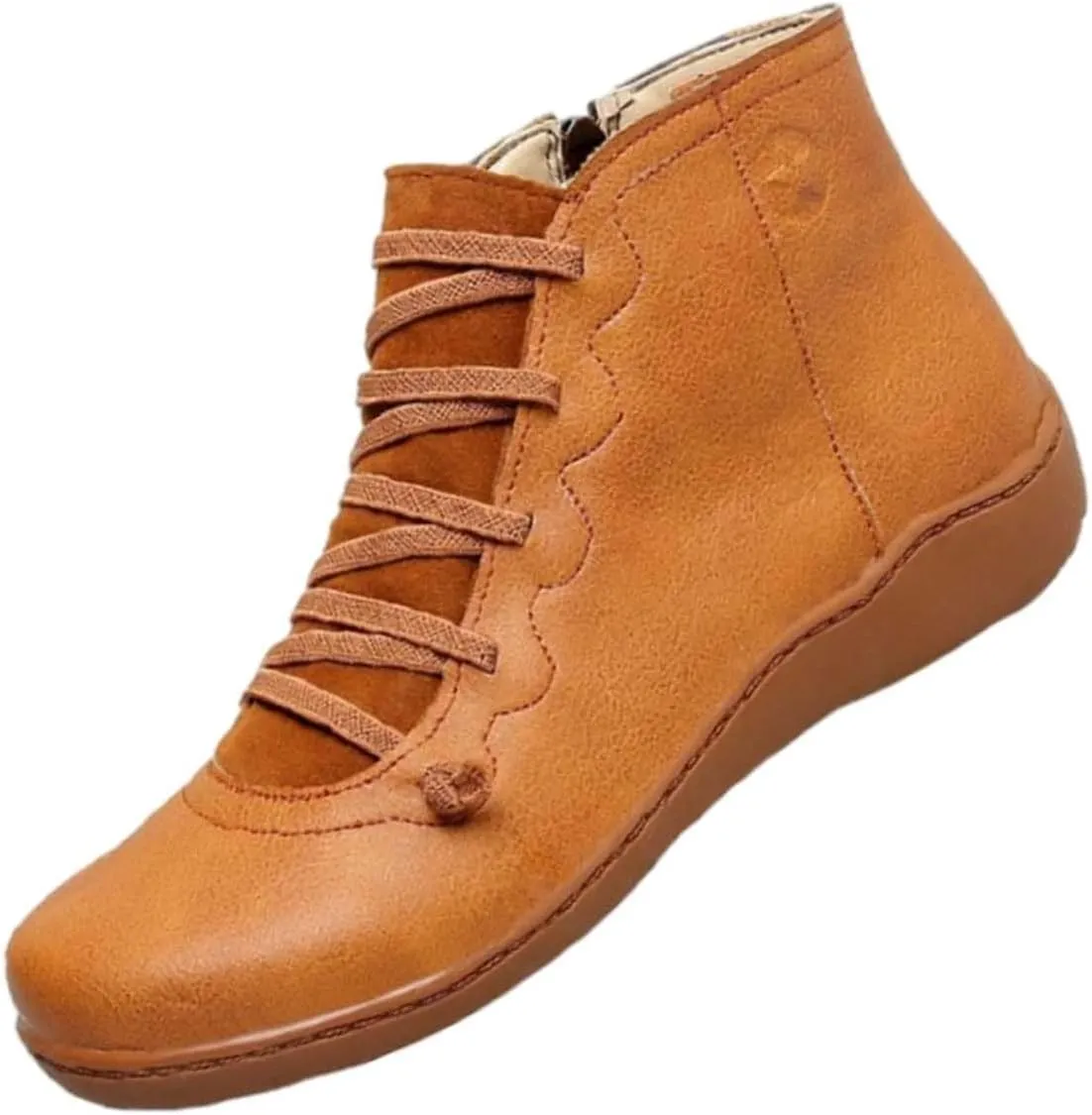 Fall Ankle Boots for Women No Heel 2024, New Arch Support Boots Fashion Lace Up Side Zipper Retro Ankle Booties, Comfortable Slip On Flat Low Heel Boots
