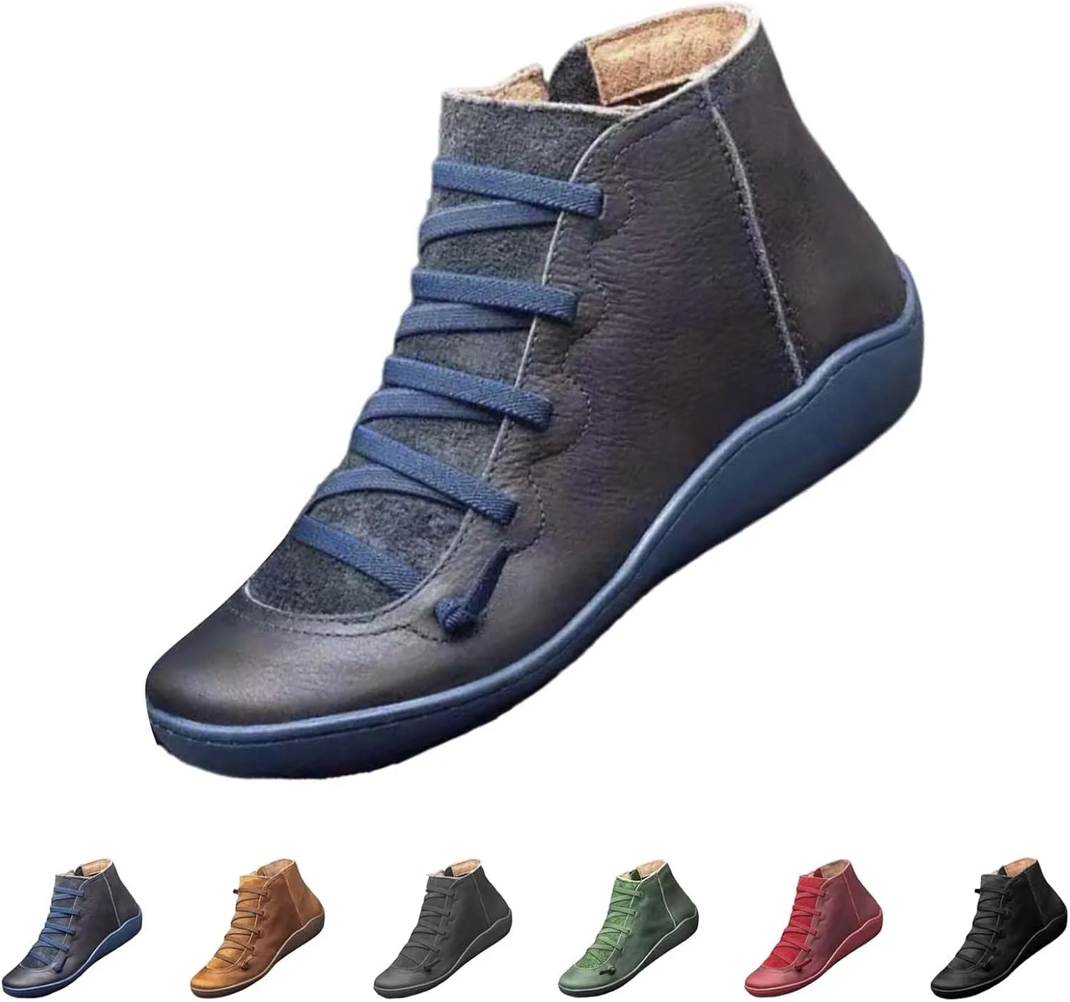 Fall Ankle Boots for Women No Heel 2024, New Arch Support Boots Fashion Lace Up Side Zipper Retro Ankle Booties, Comfortable Slip On Flat Low Heel Boots