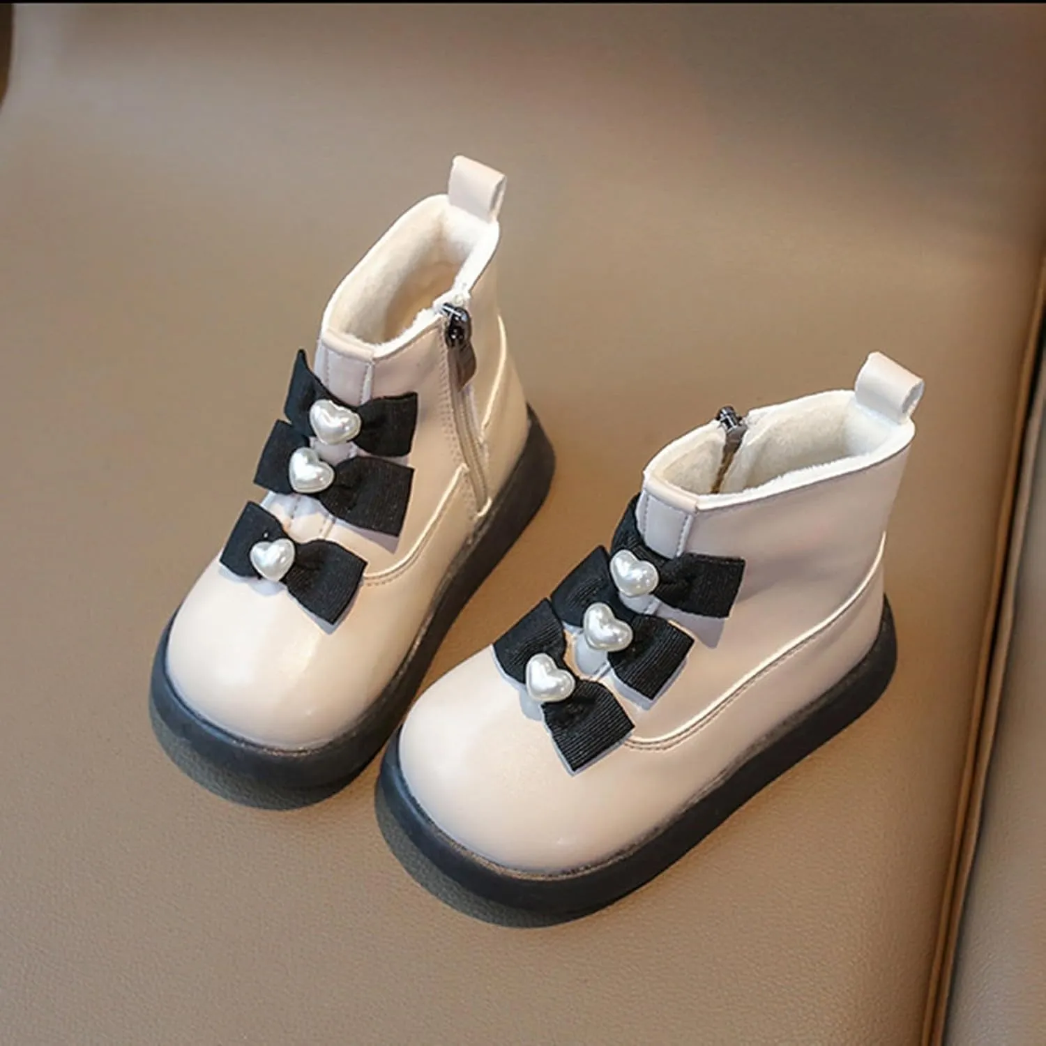 Fashion Bowtie Ankle Boots for Toddler Girls PU Leather Water Proof School Shoes Chestnut Boots for Toddler