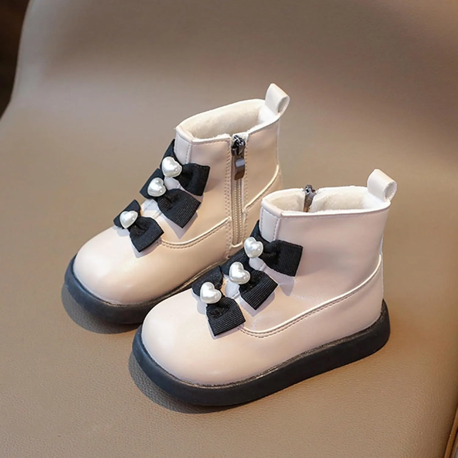 Fashion Bowtie Ankle Boots for Toddler Girls PU Leather Water Proof School Shoes Chestnut Boots for Toddler