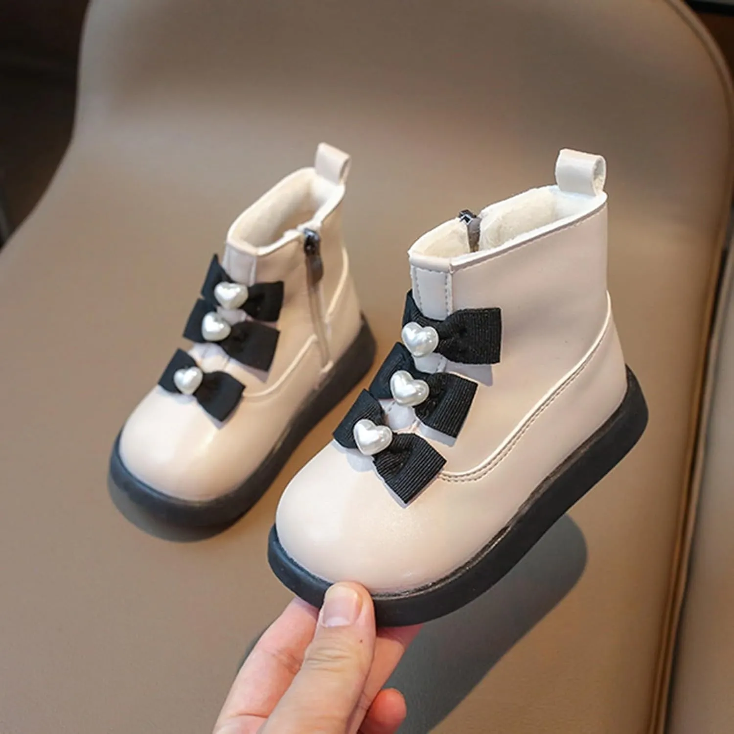 Fashion Bowtie Ankle Boots for Toddler Girls PU Leather Water Proof School Shoes Chestnut Boots for Toddler