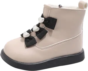 Fashion Bowtie Ankle Boots for Toddler Girls PU Leather Water Proof School Shoes Chestnut Boots for Toddler