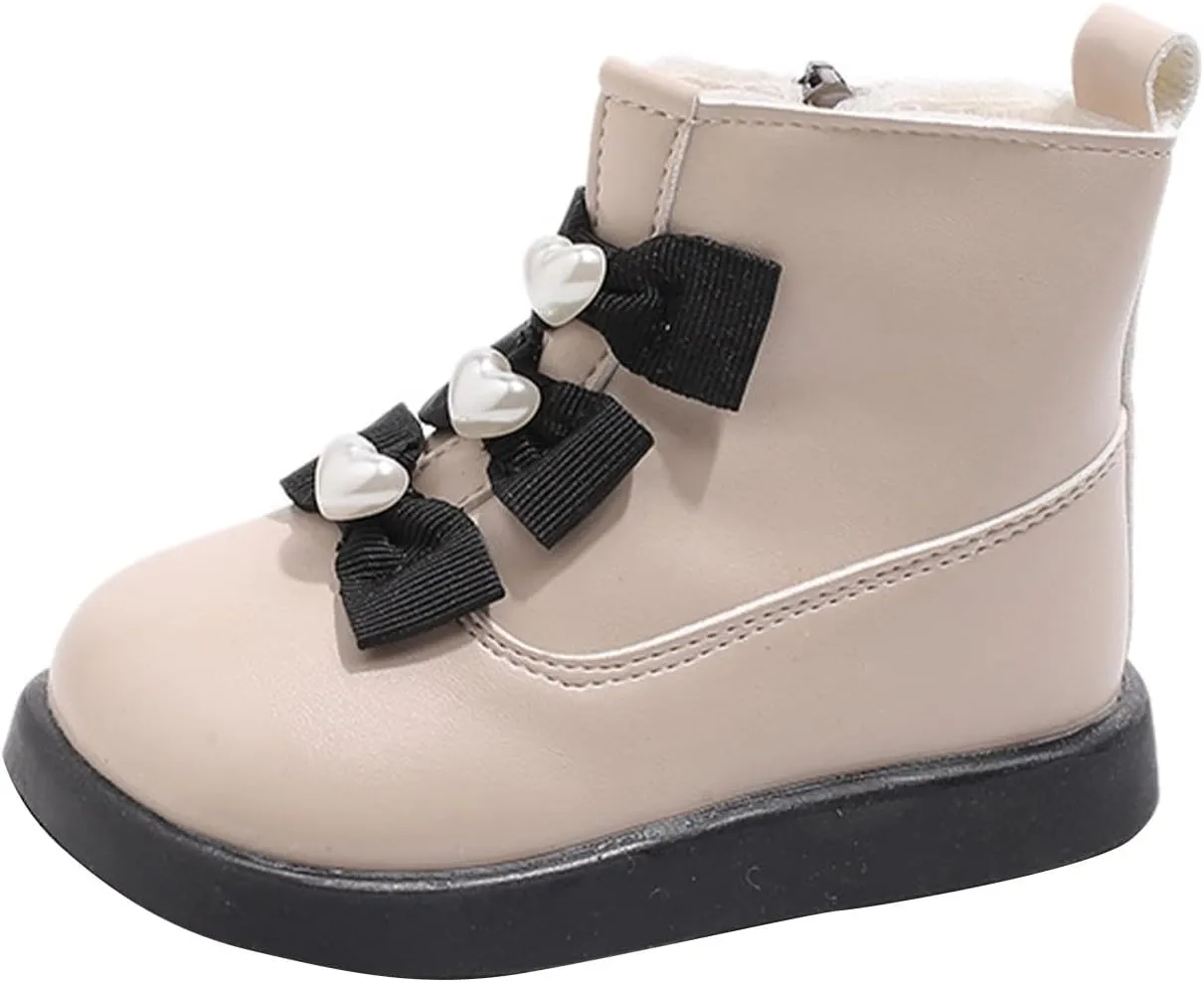 Fashion Bowtie Ankle Boots for Toddler Girls PU Leather Water Proof School Shoes Chestnut Boots for Toddler