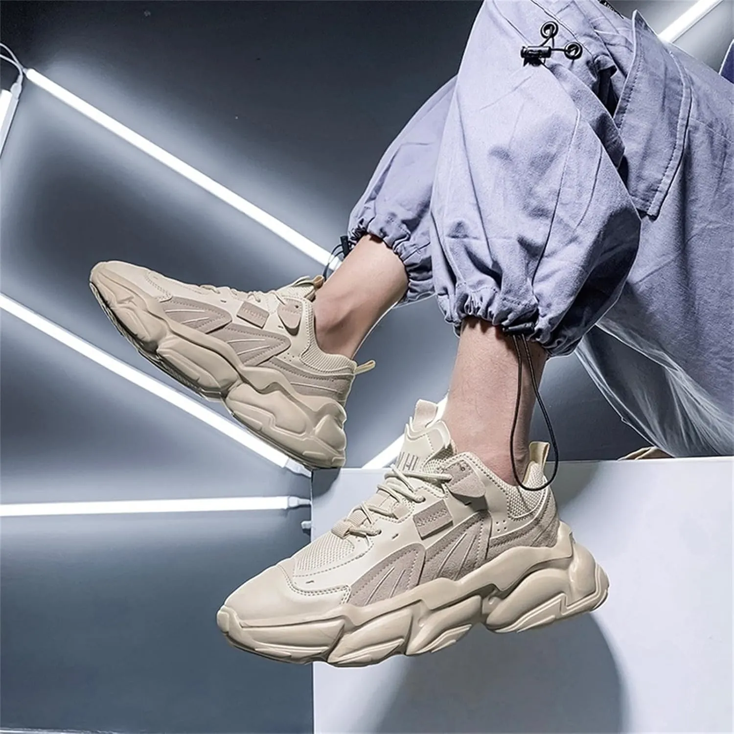 Fashion Breathable Mesh Lace Up Chunky Sneakers for Mens Lightweight Non-Slip Round Toe Walking Running Shoes Outdoor Sport Dad Shoes