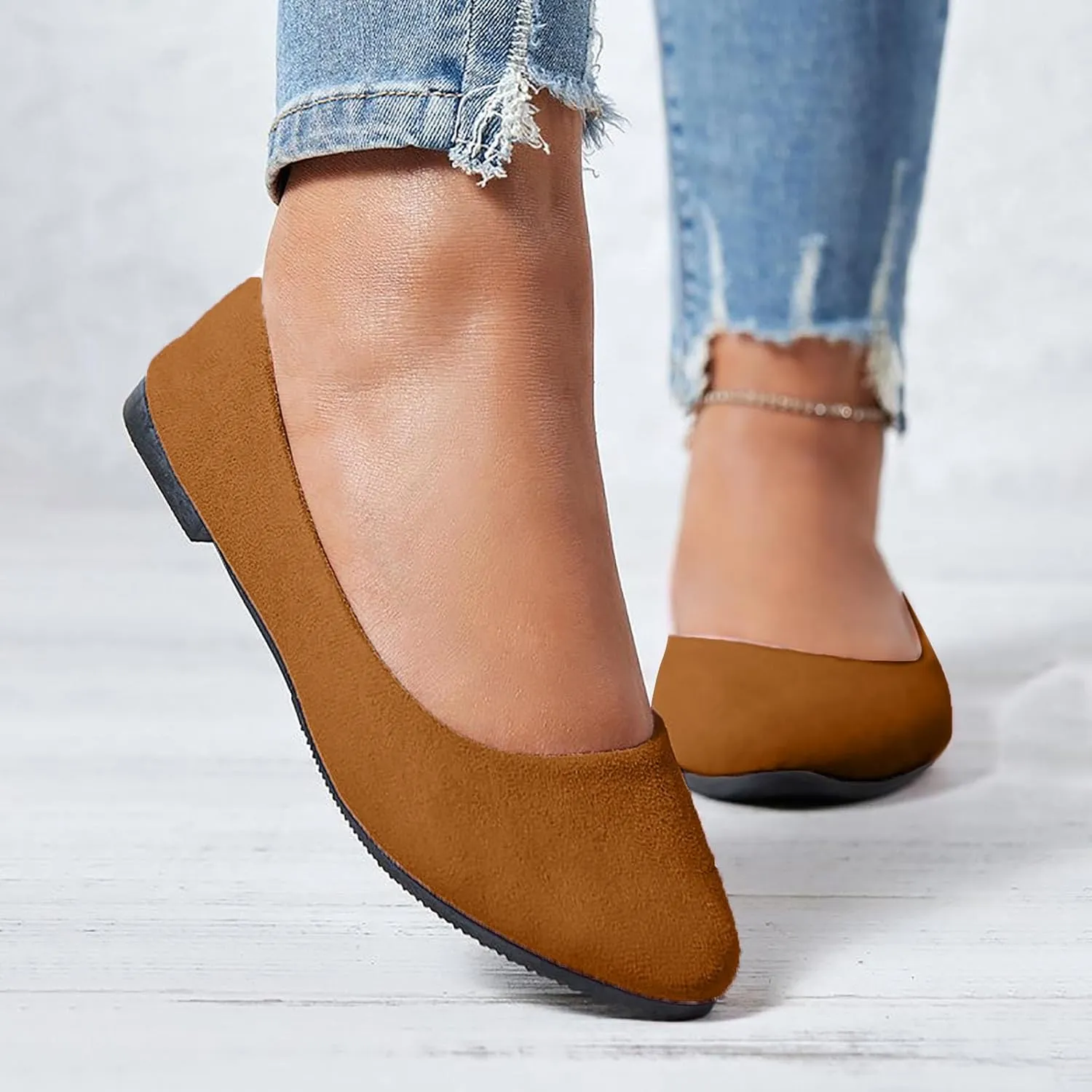 Flat Shoes for Women Comfortable Slip On Walking Ballerina Shoe Ladies Pointed-Toe Ballet Flats Suede Shallow Single-Shoes