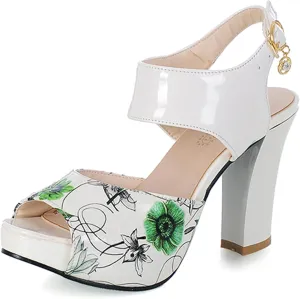 Gicoiz Women Chunky High Heels Floral Ankle Strap Sandals