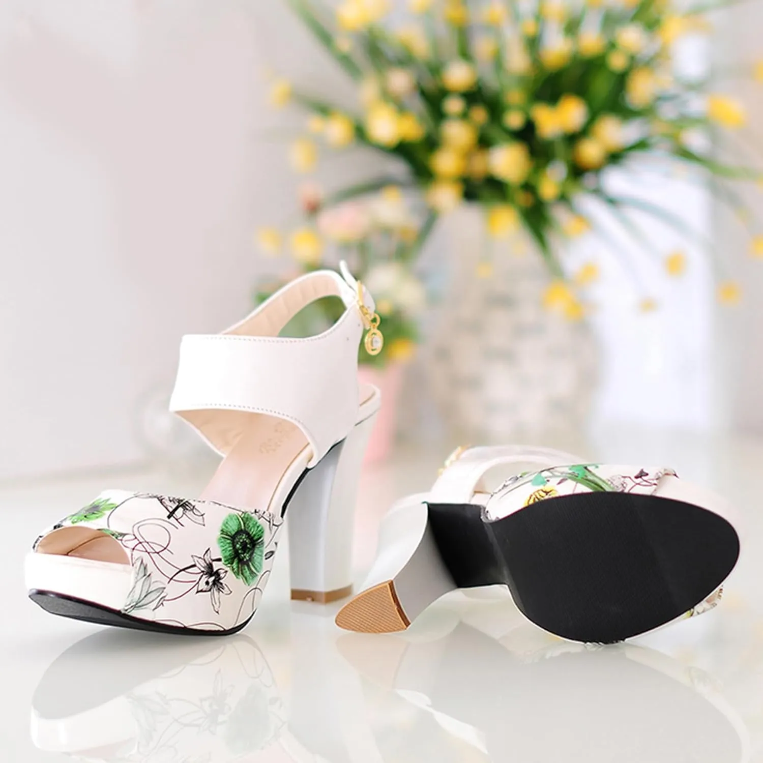 Gicoiz Women Chunky High Heels Floral Ankle Strap Sandals