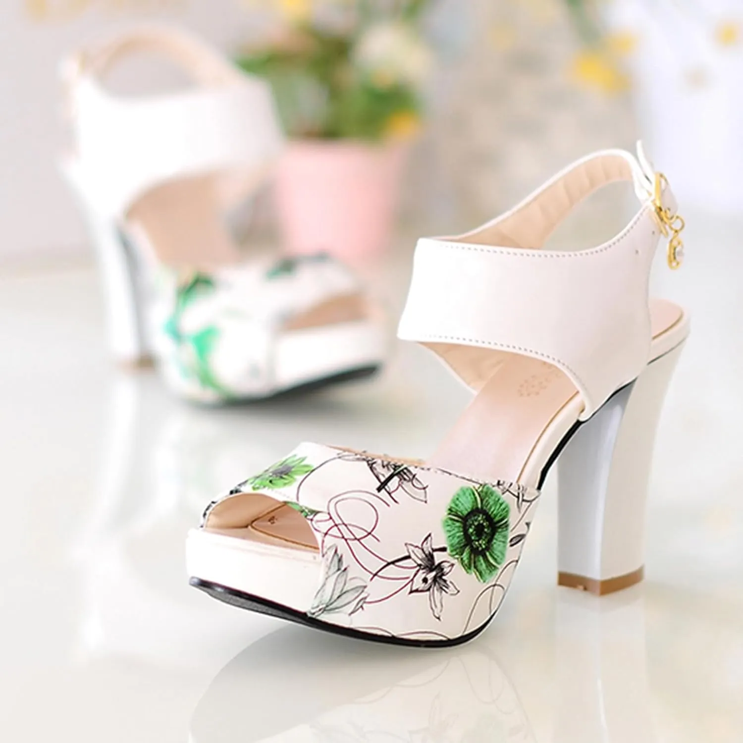 Gicoiz Women Chunky High Heels Floral Ankle Strap Sandals