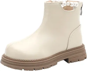 Girl Ankle Boots Kids Western Soft Rubber Sole Low Heel Ankle Booties Non-Slip Zip Shoes with Pearl Decoration