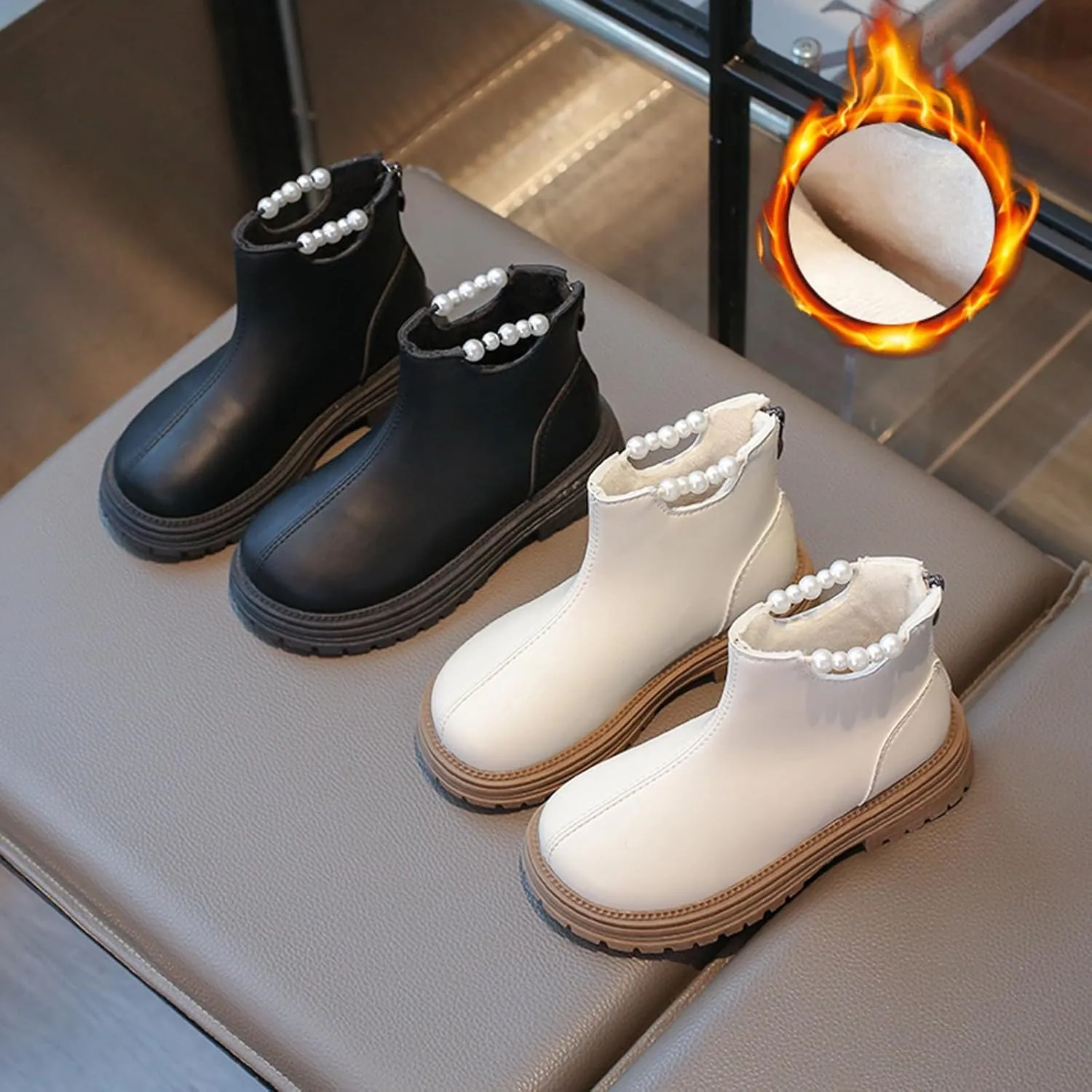 Girl Ankle Boots Kids Western Soft Rubber Sole Low Heel Ankle Booties Non-Slip Zip Shoes with Pearl Decoration