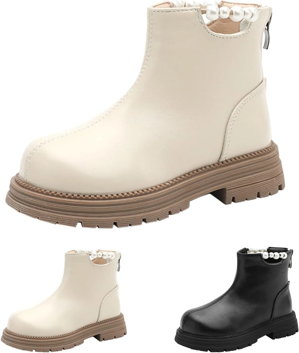 Girl Ankle Boots Kids Western Soft Rubber Sole Low Heel Ankle Booties Non-Slip Zip Shoes with Pearl Decoration