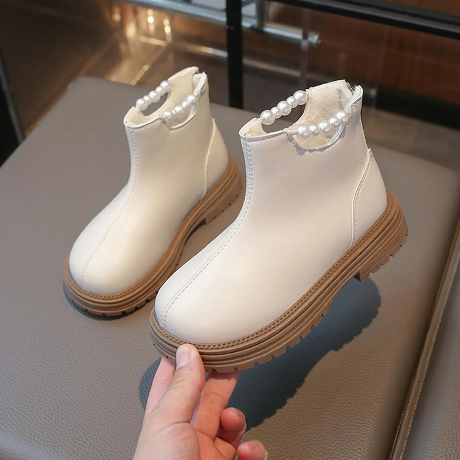 Girl Ankle Boots Kids Western Soft Rubber Sole Low Heel Ankle Booties Non-Slip Zip Shoes with Pearl Decoration