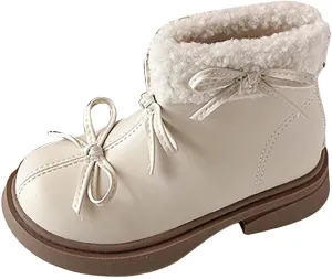 Girl Snow Boots Lace Up Plush Lined Slip On Shoes Leather Winter Walking Shoes Non Slip Round Toe Ankle Boots