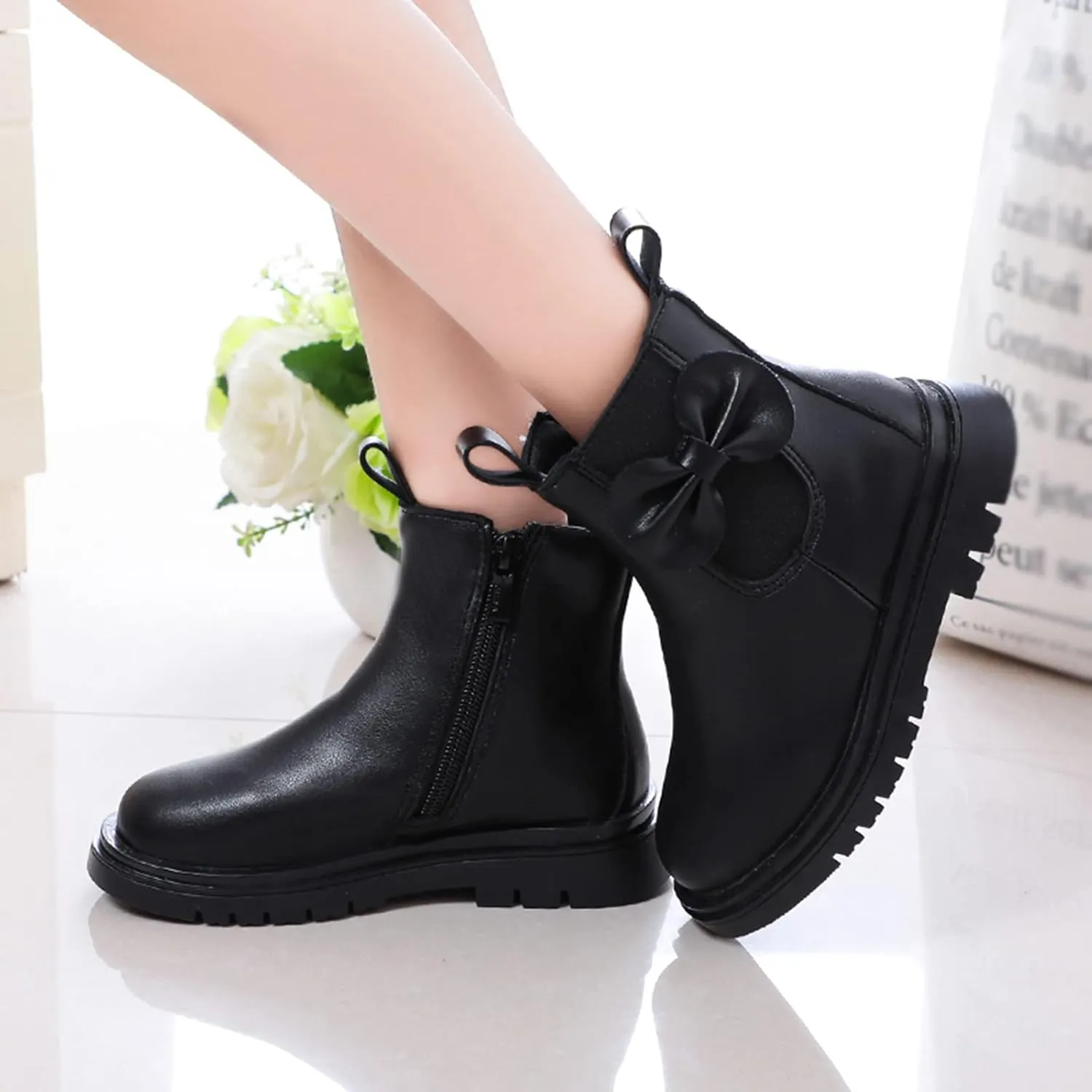 Girls Ankle Boots Low Block Heel Platform Bowknot Zipper Chunky Pu Leather Short Booties Big Little Kid