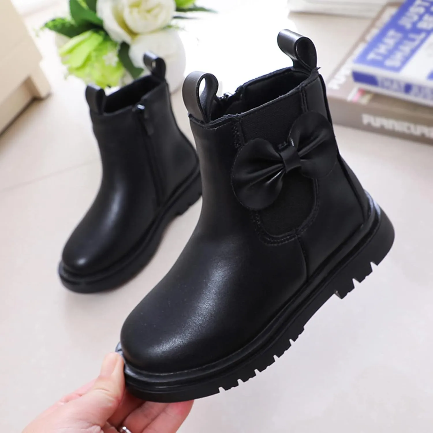 Girls Ankle Boots Low Block Heel Platform Bowknot Zipper Chunky Pu Leather Short Booties Big Little Kid