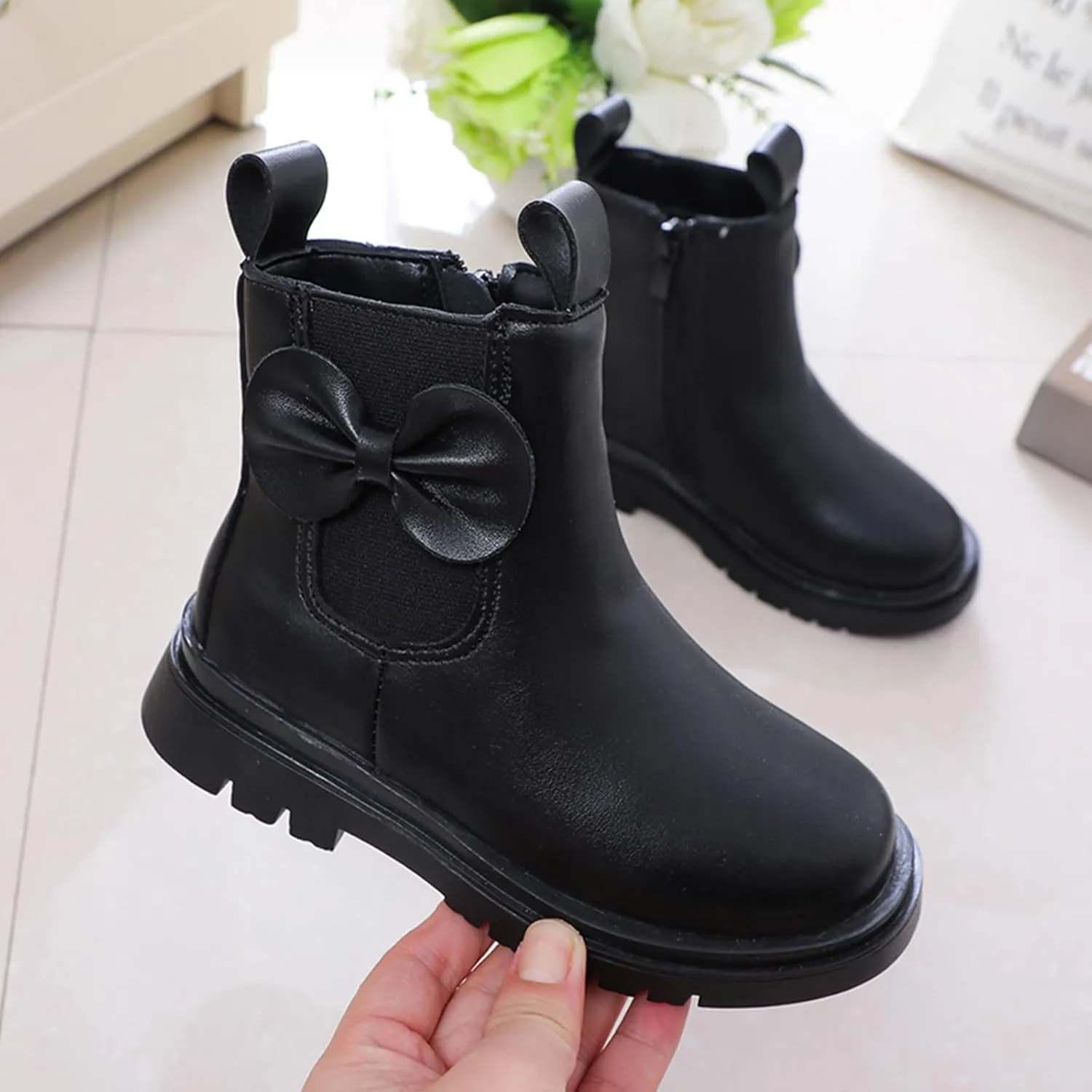 Girls Ankle Boots Low Block Heel Platform Bowknot Zipper Chunky Pu Leather Short Booties Big Little Kid