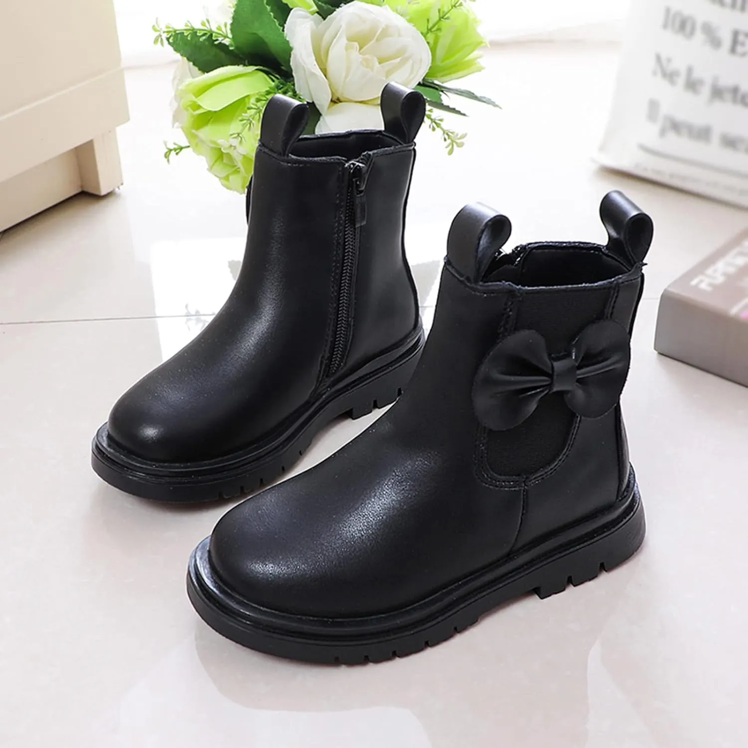 Girls Ankle Boots Low Block Heel Platform Bowknot Zipper Chunky Pu Leather Short Booties Big Little Kid